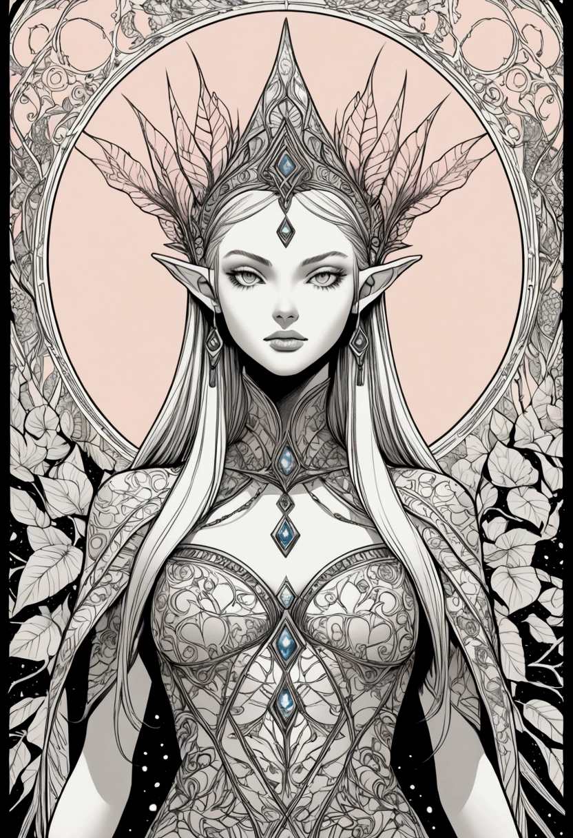 (Pencil_Sketch:1.2, messy lines, greyscale, traditional media, sketch),(full body portrait:1.5), (Far focus design:1.5), An elf queen, High-level elf noble clothing, Proud, shy, bell, Triple crown, Glowing white pupils, Eyes look toward central focus, wrapped in lilac metallic canvas, Exuding an aura of dark fantasy and hatred, Intricate and exquisite details, Highlight thin strokes, dark rich color palette, Black, Red, white, blue, Added to enhance the overall ambience, Beautiful details glow, smooth and flawless, through double exposure technology, Hauntingly beautiful mist shrouding the landscape, Delicate crystal structure sparkles, ethereal light, Soft baby pink cherry blossoms, Exquisite carpet floor, Optical fiber thin fibers add touch, Intricate and mysterious, nose blush, rococo style, high detail, Conceptual art, UHD, anatomically correct, super detail, best quality, 8k