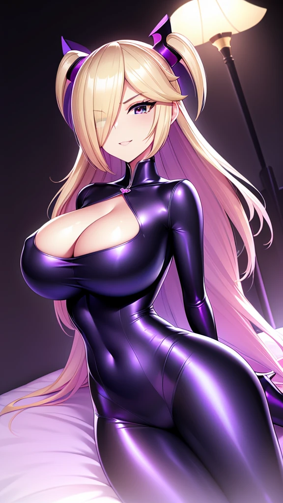 Erotic　Lusamine　Long blonde　Purple latex rubber suit high heels heart bedroom love hotel purple lamp light dark theme evil fallen temptation excitement condescending evil grinning face yandere trance upper body emphasis