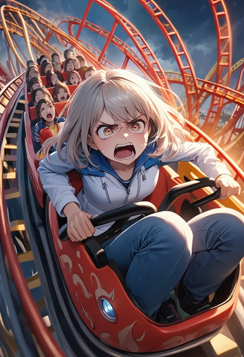 1girl, green eyes, purple pendant, orange hair, medium hair +++ yellow pantyhose, green dress, lightgreen shirt, green boots Hiding face with arm, looking to the side, extremely quality extremely detailed, illustration, cute anime face cinematic lighting,Girl riding in the front row of a roller coaster, A look of disgust, Glaring at the audience, 
A woman is lying on her back, A limp body, General weakness, 
Open your mouth, Tears flowing from my mouth, Expressions of joy, Horror, Suspense,  A look of disgust, 
Sweaty, Blake looks up, A look of disgust, 
Thrilling attractions, Extreme heat, 
BREAK A speedy background that makes the subject stand out, amusement park, Ride a roller coaster, 
Female Domination, Contemptuous Eyes, A look of disgust, 
Dynamic wide-body shot, Ankles inside the frame, 
Break Ultrarealism, Detailed and realistic skin texture, Fine and exquisite texture, Detailed and exquisite brushwork, Detailed and vivid depiction, Anatomically correct, Absurd aesthetics, 
BREAK Dramatic Cinematic Lighting, 
Transparent full color, Realistic, An elaborate roller coaster, 
BREAK Redrawing to a clear and vivid work, Best Qualityのレンダリング, Best Quality, Highest Resolution