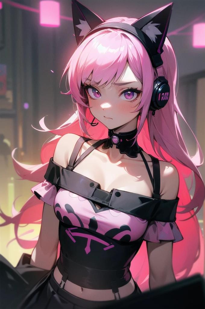 blush, smile,glowing aura, natural light, masterpiece,  glossy skin, juicy lips , ,sexy, hot, evil,juicy lips hour glass, , juicy lips, , slender body, small , huge ass, pink hair, short pink hair,looking up, smile, ultra detailed , , ((wavey hair)), purple eyes, selfie, short hair, headphones