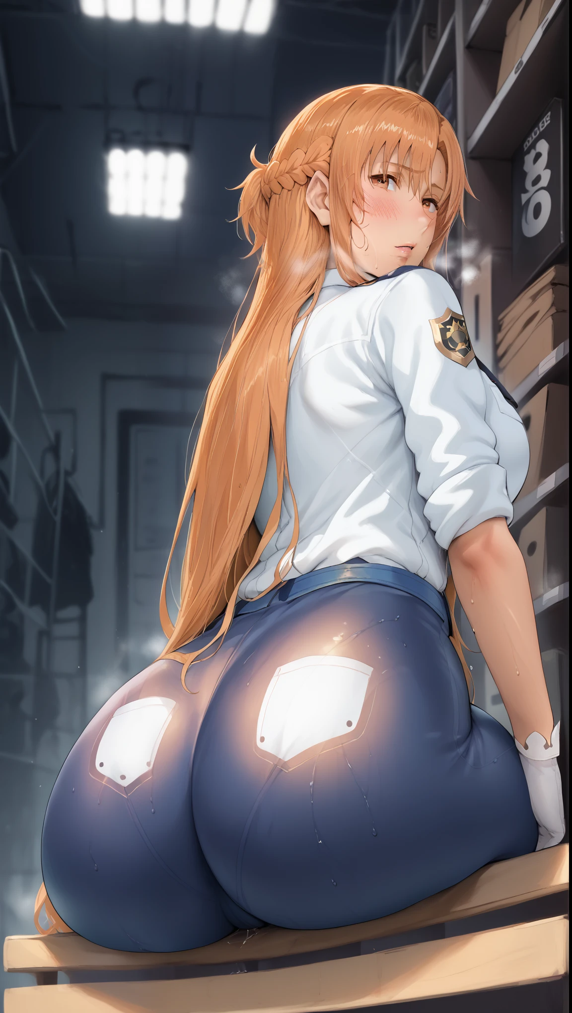 score_9, score_8_up, score_7_up, score_6_up, asuna yuuki \(sword art online\), orange hair, long hair, fold, braid, orange eyes, BREAK Anime Style, Manga Style, Hand drawn, cinematic, Sharp focus, humorous illustration, big depth of field, Masterpiece, concept art, trending on artstation, Vivid colors, Simplified style, trending on ArtStation, trending on CGSociety, Intricate, Vibrant colors, Soft Shading, Simplistic Features, Sharp Angles, Playful, excessive sweating, sweating profusely, sweating drop BREAK, 1girl, ass, breasts, large breasts, solo, looking at viewer, white gloves, gloves, looking back, shirt, white shirt, bodysuit, from behind, police uniform, thighs, belt, collared shirt, police, sleeves rolled up, policewoman, blue pants, ass focus, blush, back, blue bodysuit, huge ass, dress shirt, uniform, gasping, heavy breathing, hollow eyes, store room, 