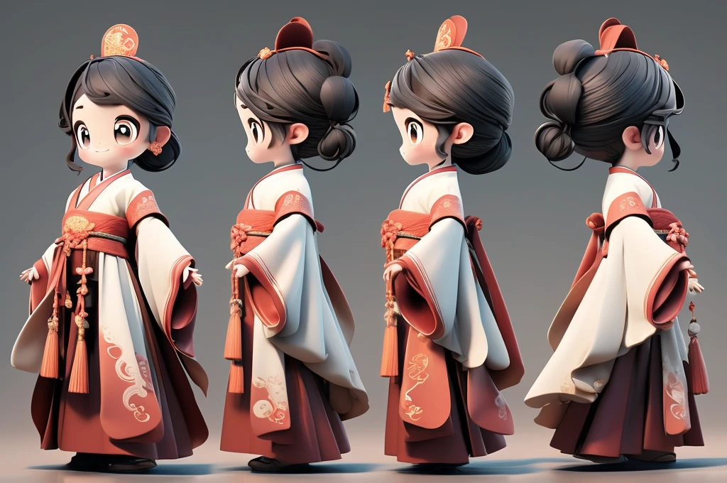 title：Chinese style Q version character three-view design style：Q version cartoon，Cute colors：Random color combination，Maintain overall characteristics：
front：Big eyes，Rounded face，Smiling face side：Simple hairstyle，No neck detail on back：Simple hairstyle和服饰背面设计，Skirts that cover feet：
Hanfu：简化的传统Hanfu设计，Tops and bottoms，Wide sleeves，Double-breasted pattern：Simplified Chinese classical pattern，Such as peonies、Moire accessories：Simplified headdress，There are Chinese knots and tassels tied around the waist：
front：Hold your hands together，Bowing posture side view：One hand strokes the sleeve，The other hand hangs naturally on the back：Natural standing，Show the complete back of the clothing：pure white，No other elements，To highlight the details of character design：
Material：服饰Material看起来柔软
光影：Slight shadow and highlight expressions：Lively expressions，Bright eyes Other requirements：Three views are neatly arranged，Character Center，Proportional coordination，Convenient 360-degree view of design details。Traditional craft elements can be incorporated into the design，Such as Chinese knots and tassels，And simplified traditional patterns。The color is not limited to traditional Chinese red，Instead, use random color combinations，To increase visual diversity and modernity。