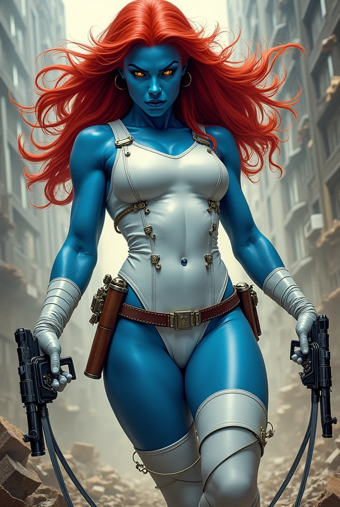 (Highly quality, masterpiece, detailed), night city detailed scenario, night city detailed background, 20 years old girl, solo, mystique, yellow sclera, blue skin, forehead jewel, elbow gloves, white gloves, lipstick, dress, pelvic curtain, thigh boots, belt, sitting on top of a building, skull, evil smile, crop top, colored skin, navel, perfect face, beautiful eyes, perfect eyes, looking at the viewer, y pose