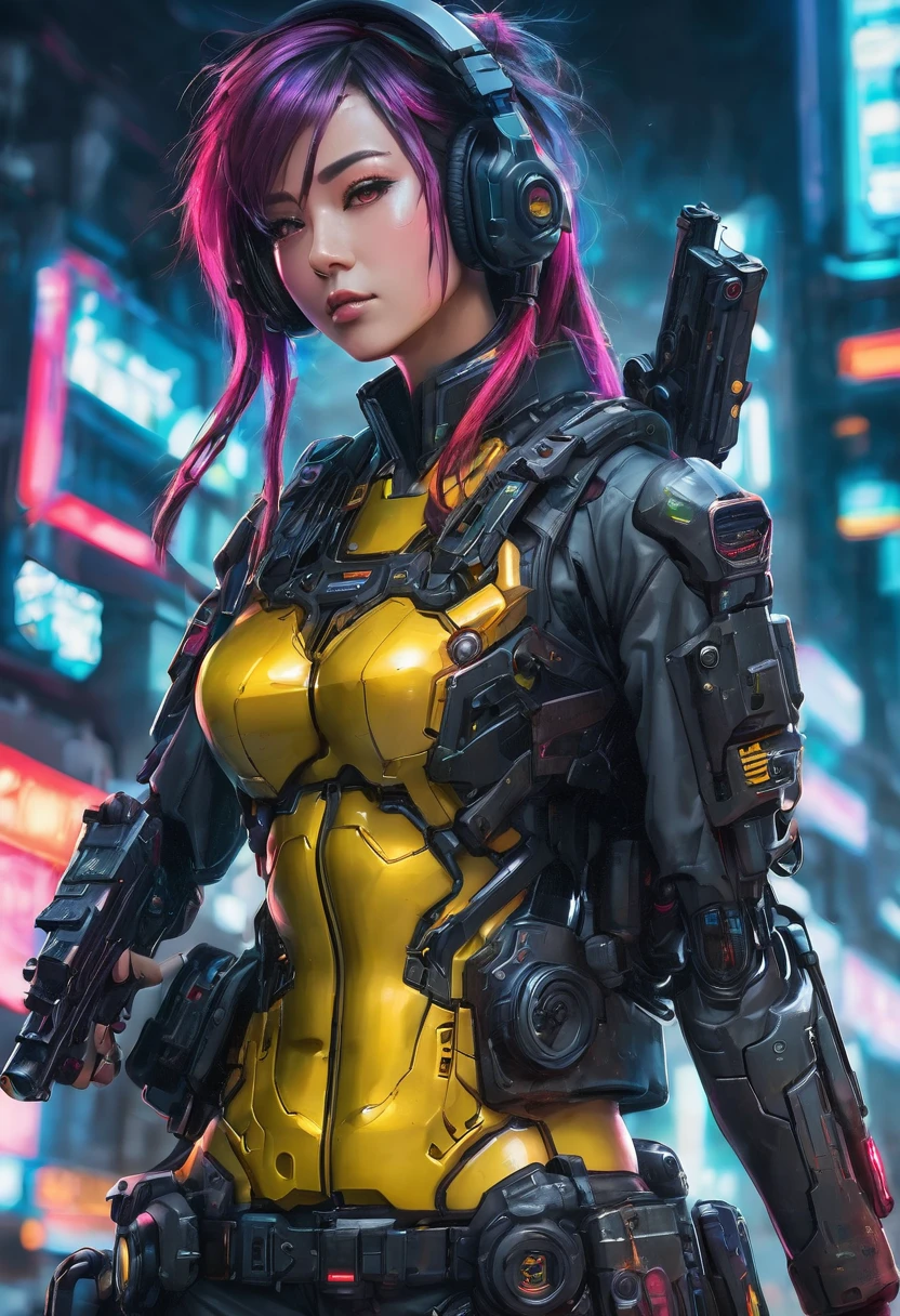 Arafed woman in uniform with headphones and a gun., cyberpunk art inspired by Leng Mei, Trends in CG society, what is?, perfect android girl, female cyberpunk anime girl, cosplay chica anime, perfect anime cyborg woman, cyberpunk anime girl, professional cosplay, trend on cgstation, mechanized soldier girl, beautiful android woman!