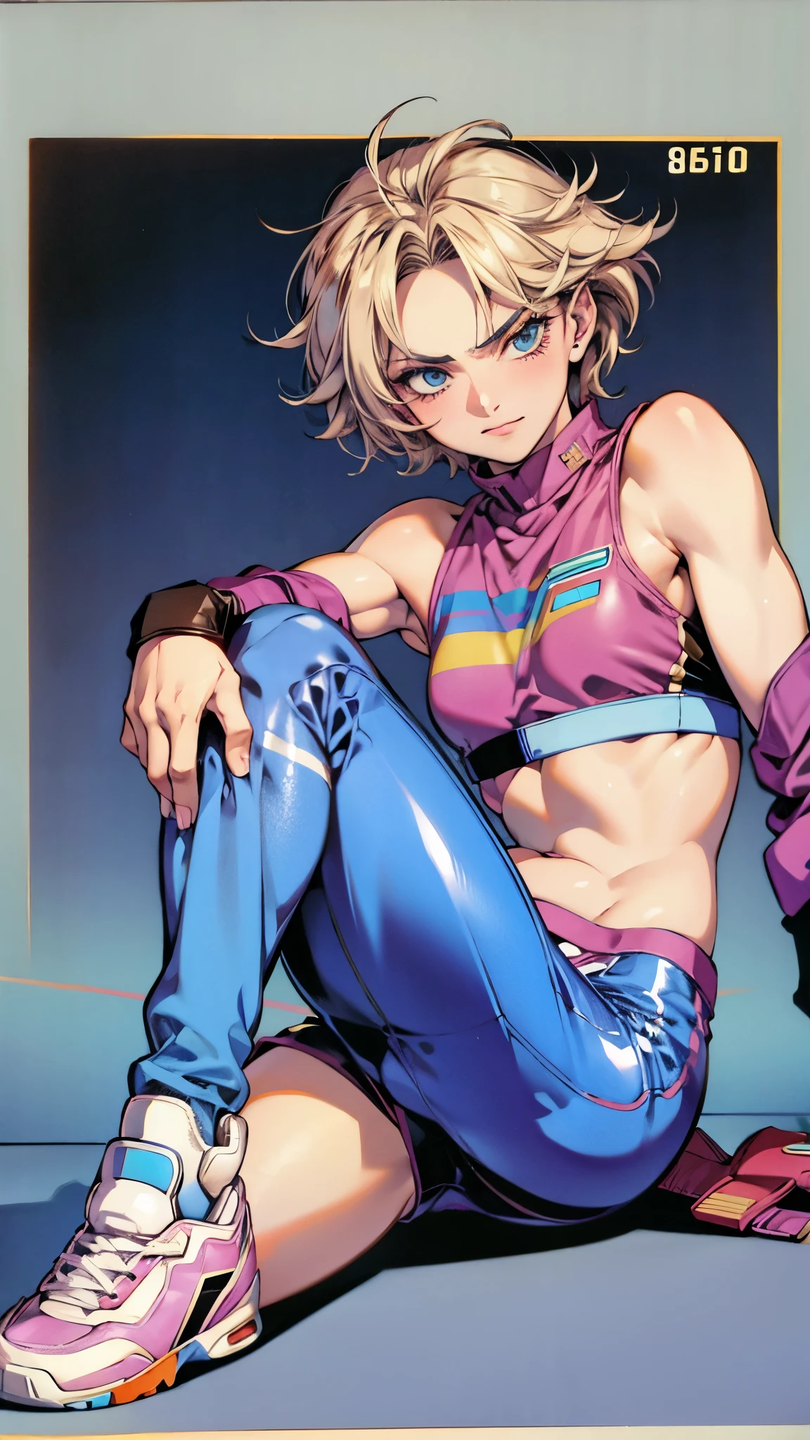 80s aerobics style、High leg leotard、Colored tights、loose socks、sneakers、Detailed picture、girl、25-year-old woman、Dynamic and lively pose、Crotch line、Erect nipples