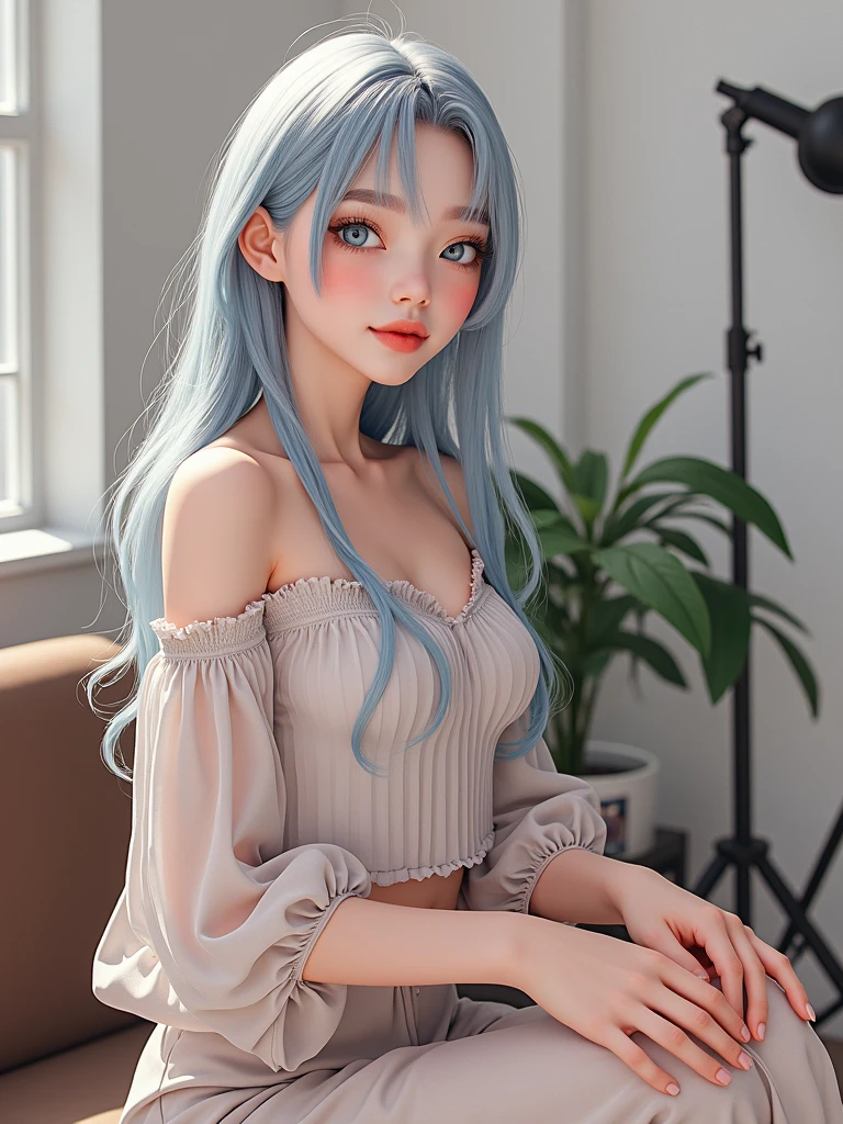 Seductive adult woman,Realistic image quality,(blue gray)Long hair style,(light blu)Eye color,(pink there)Lip color,(brack)Short Tank Top,Provocative gaze,suggestive pose,BREAK,Bar counter in the background