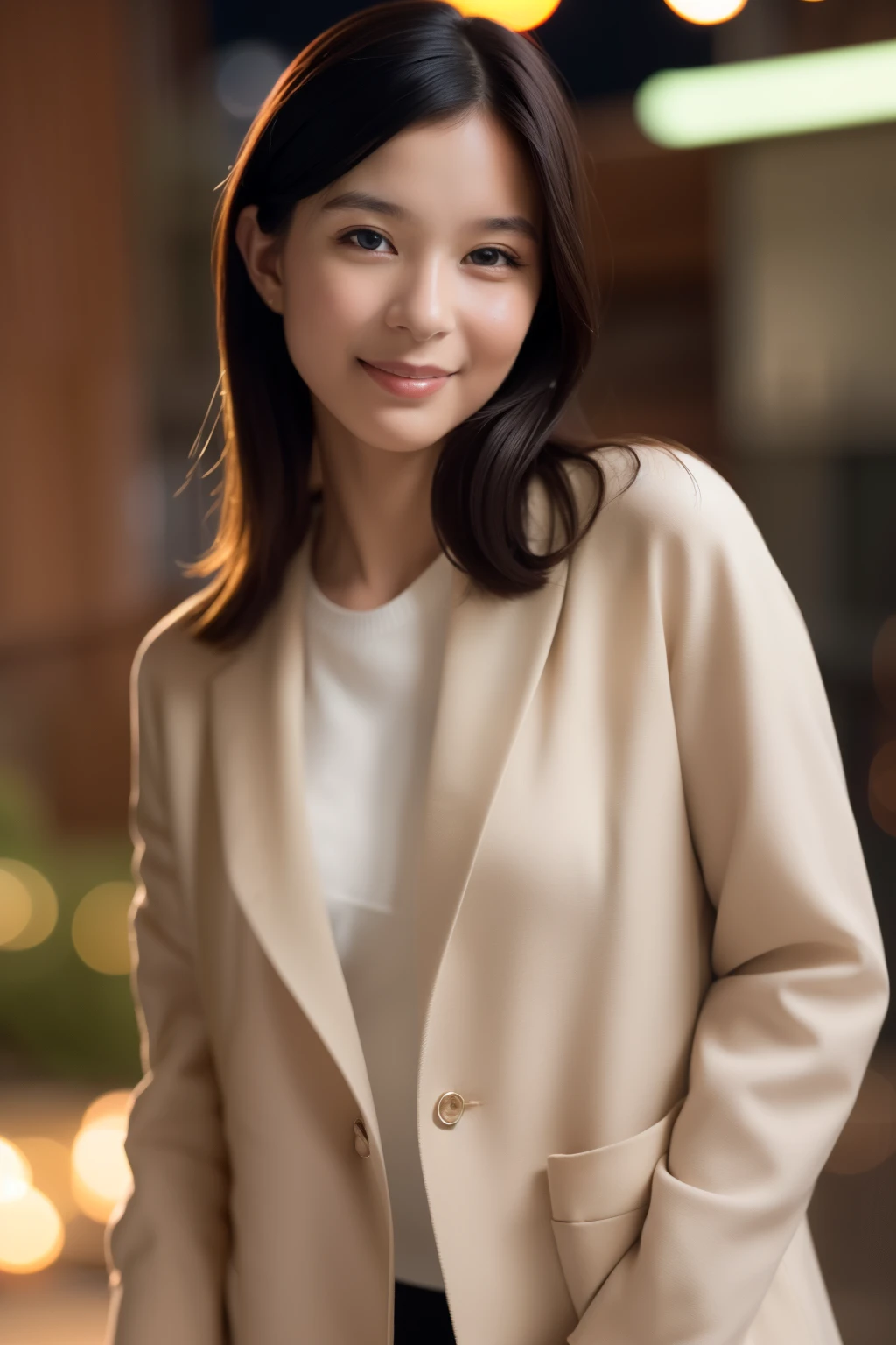 1girl,(RAW photo, best quality), (realistic, photo-realistic:1.4), masterpiece, an extremely delicate and beautiful, extremely detailed, 2k wallpaper, Amazing, finely detail, extremely detailed CG unity 8k wallpaper, ultra-detailed, highres, soft light, beautiful detailed girl, extremely detailed eyes and face, beautiful detailed nose, beautiful detailed eyes,cinematic lighting,perfect anatomy,slender body,smiling ,(bokeh:1.3)
in front of izakaya,narrow street like nakano,lights reflected on wet floor,after rain,night time,shop sign lights,winter night
wearing cashmere jacket