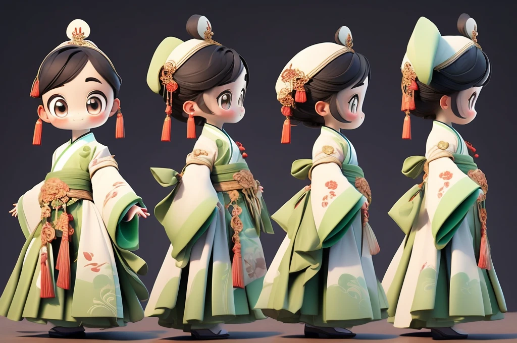 title：Chinese style Q version character three-view design style：Q version cartoon，Cute colors：Bright Chinese red as the main color，Gold and emerald green accents：
front：Big eyes，Rounded face，Smiling emoticon，Cherry mouth side：Simple hairstyle，No neck detail on back：Simple hairstyle和服饰背面设计
服饰：
Hanfu：简化的传统Hanfu设计，Tops and bottoms，Wide sleeves，Double-breasted pattern：Simplified Chinese classical pattern，Such as peonies、Moire accessories：Simplified headdress，There are Chinese knots and tassels tied around the waist：
front：Hold your hands together，Bowing posture side view：One hand strokes the sleeve，The other hand hangs naturally on the back：Natural standing，Show the complete back of the garment，Skirt covers feet background：pure white，No other elements，To highlight the details of character design：
Material：服饰Material看起来柔软
光影：Slight shadow and highlight expressions：Lively expressions，Bright eyes Other requirements：Three views are neatly arranged，Character Center，Proportional coordination，Convenient 360-degree view of design details，Skirt length covers the feet，No neck or feet shown。Traditional craft elements can be incorporated into the design，Such as Chinese knots and tassels，And simplified traditional patterns。