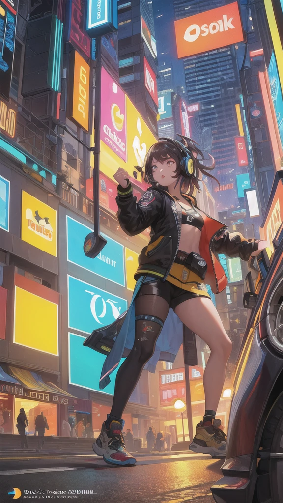 (masterpiece, top quality, best quality, extreme detailed, highest detailed, official art, cinematic composition, beautiful and aesthetic:1.2), colorful, (finely detailed eyes:1.1), beautiful face, perfect body, 1girl, solo, night city, urban city, laterns, street, black | yellow bomber jacket, (neon lights:1.1), small breasts, sfw, stars, (headphone:1.1), (cyberpunk:1.1), (science fiction:1.1), (look up:1.2), (public:1.2)