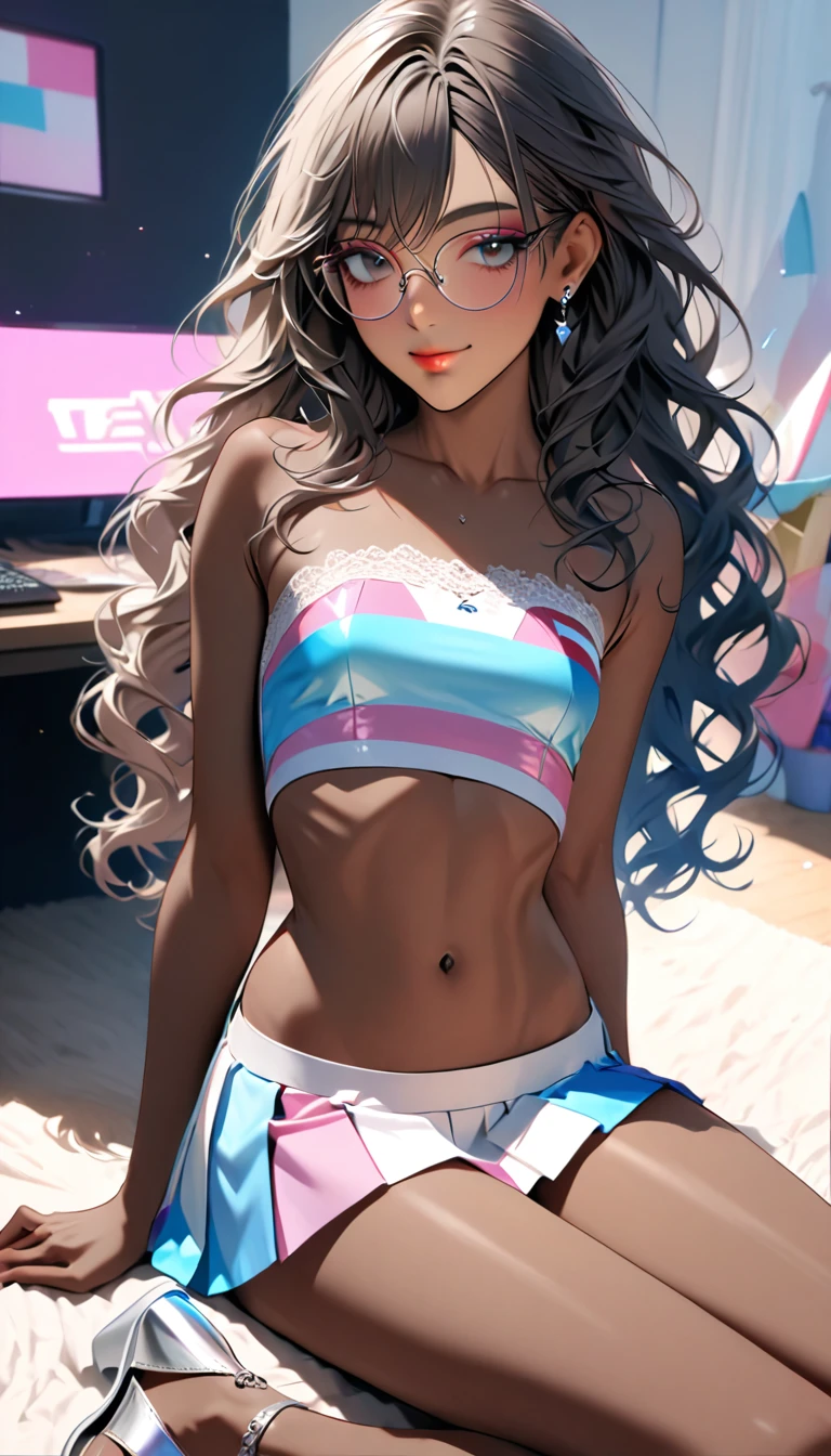 (((Adult transgender woman)): (Very short pleated miniskirt. strapless lace crop top, very small breasts (cute eye glasses). Brown eyes, showing the whole body, brown skin color, Black long wavy hair. Clothes with the colors of the trans flag, blue pink and White, High heel silver sandals, Cute smille. Closed mouth, pink and silver Makeup, left arm and leg tattooed)); Working on a computer station, sitting on chair, open legs, Bedroom background. High quality. 4k, 8k, many details. Masterpiece, accurate, anatomically correct, playing, detailed background, better quality, original work Focus on details, married ring