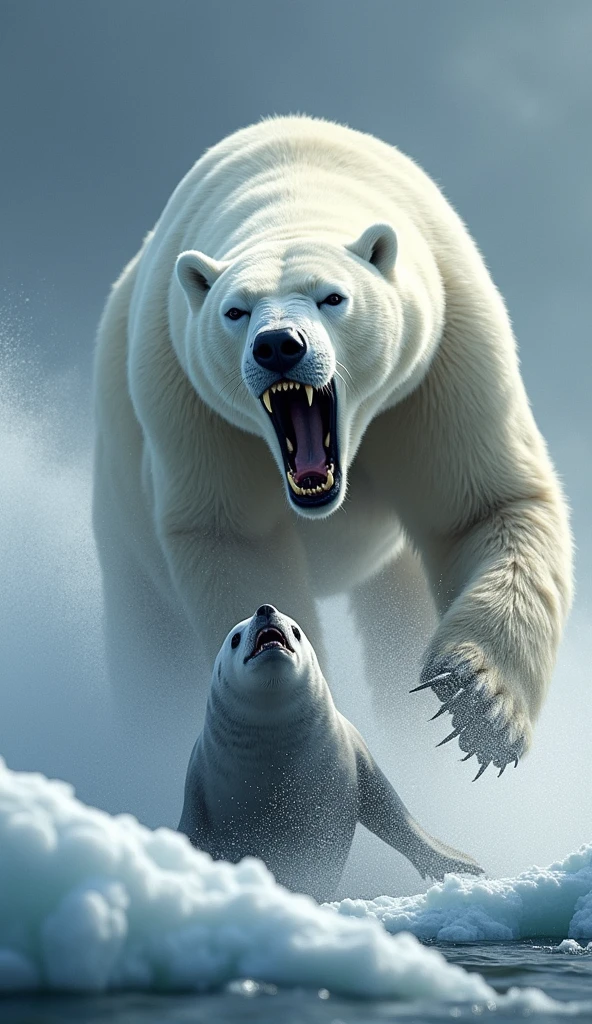 "A realistic and intense scene depicting a massive polar bear with its mouth wide open, fiercely biting into a sea lion on the white, icy ground. Blood is visibly bleeding from the sea lion, staining the pristine ice. The background showcases the stark, cold environment of the polar regions, adding to the brutal atmosphere of the scene."