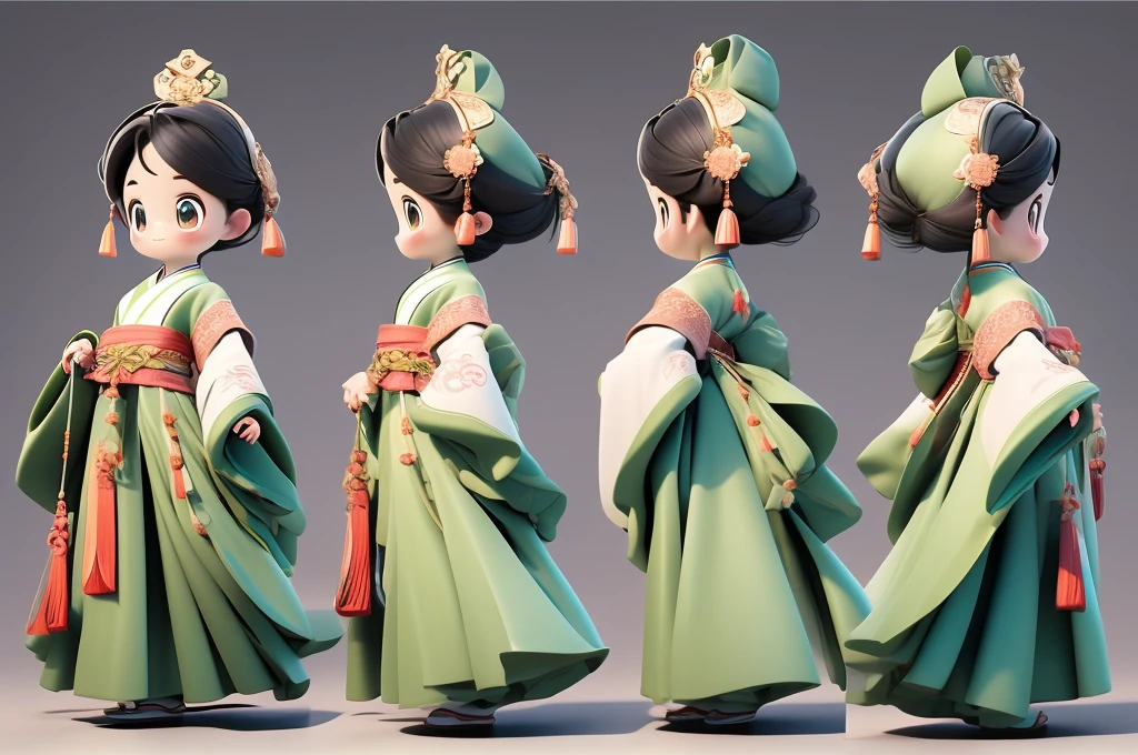 title：Chinese style Q version character three-view design style：Q version cartoon，Cute colors：Bright Chinese red as the main color，Gold and emerald green accents：
front：Big eyes，Rounded face，Smiling emoticon，Cherry mouth side：Simple hairstyle，No neck detail on back：Simple hairstyle和服饰背面设计
服饰：
Hanfu：简化的传统Hanfu设计，Tops and bottoms，Wide sleeves，Double-breasted pattern：Simplified Chinese classical pattern，Such as peonies、Moire accessories：Simplified headdress，There are Chinese knots and tassels tied around the waist：
front：Hold your hands together，Bowing posture side view：One hand strokes the sleeve，The other hand hangs naturally on the back：Natural standing，Show the complete back of the garment，Skirt covers feet background：pure white，No other elements，To highlight the details of character design：
Material：服饰Material看起来柔软
光影：Slight shadow and highlight expressions：Lively expressions，Bright eyes Other requirements：Three views are neatly arranged，Character Center，Proportional coordination，Convenient 360-degree view of design details，Skirt length covers the feet，No neck or feet shown。Traditional craft elements can be incorporated into the design，Such as Chinese knots and tassels，And simplified traditional patterns。