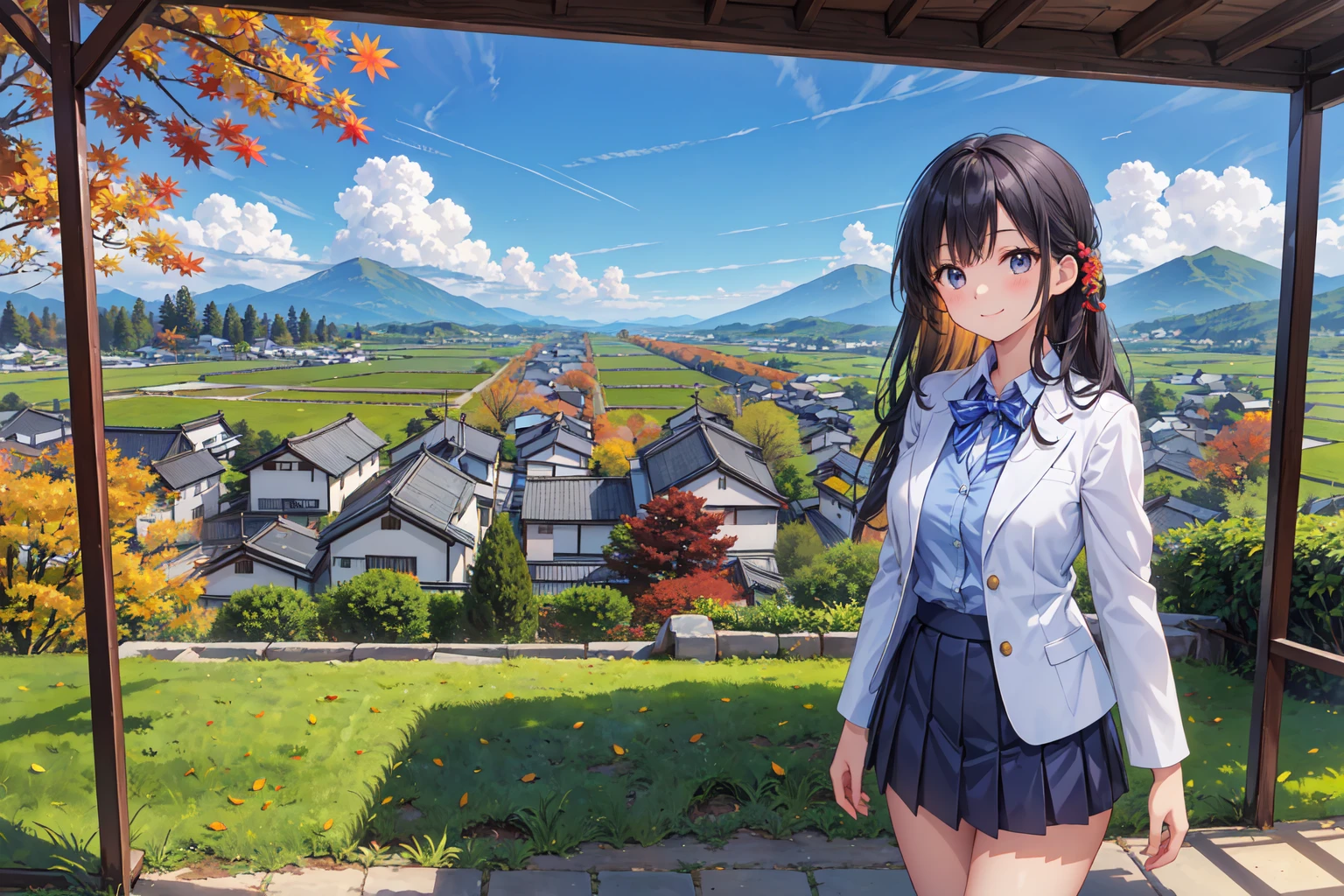 (((Masterpiece, 16k, Highest quality, Ultra-high resolution, Depth of subject))), ((Very detailed, Japanese countryside scenery, Autumn scene)), High school girl in blazer uniform, skirt, Big Breasts, 3girls, Very beautiful and detailed girl, Accurate body structure, Accurate body movements, Very detailedボディ, While chatting, Very cute smile, On the way home, 3pm, Peaceful scenery, Warm sunshine, Very accurate perspective, Wide View