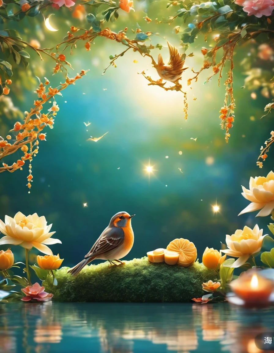 Serene 3D scene of a small bird sitting on a full crescent moon, Surrounded by lush foliage and a scattering of mooncakes. The outdoor environment is bathed in soft light, Gentle Light, The night sky is perfectly reflected on the still water.. C4D Rendering.
