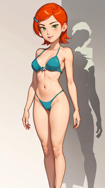 girl, full body, standing, facing the camera directly, looking at the camera, (red bikini), empty-handed, medium hair, black hair, busty, BREAK ((simple green background:1.3))