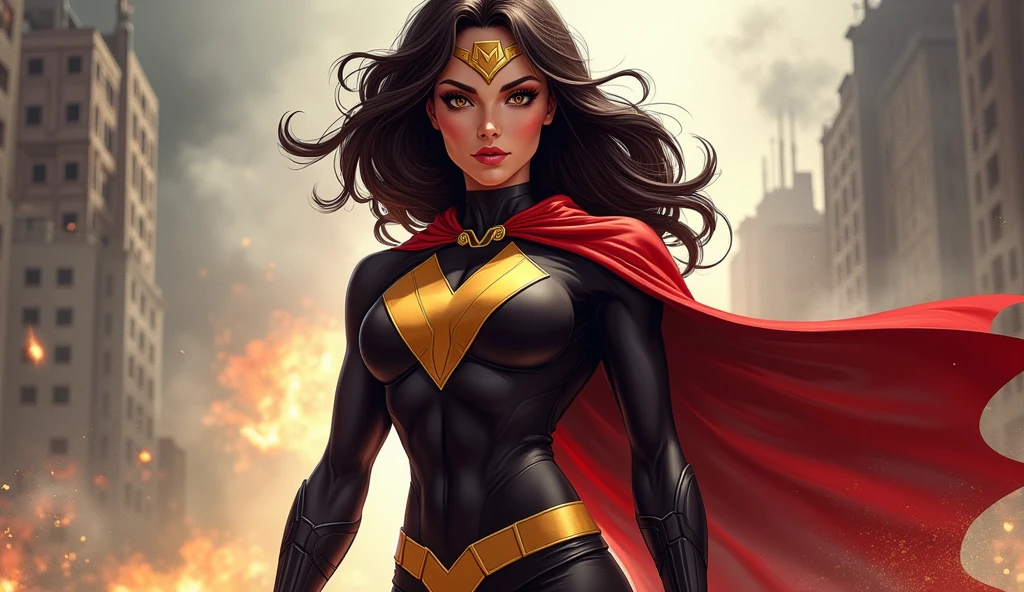(best quality,8k:1.2,high resolution:1.2),ultra-detalhado,Realistic,SUPER HERO female,21 YEARS OLD,long BLACK hair,rosto extremamente detalhados,long eyelashes,all sheer RED LATEX leotard Apertado WITH A LARGE EMBLEM IN THE SHAPE OF THE LETTER "A", RED FLYING CAPE,TRANSPARENT LIGHT BROWN SHINY pantyhose,GOLD metalic BRACELETS,Physically-based rendering,sharp focus,studio lighting