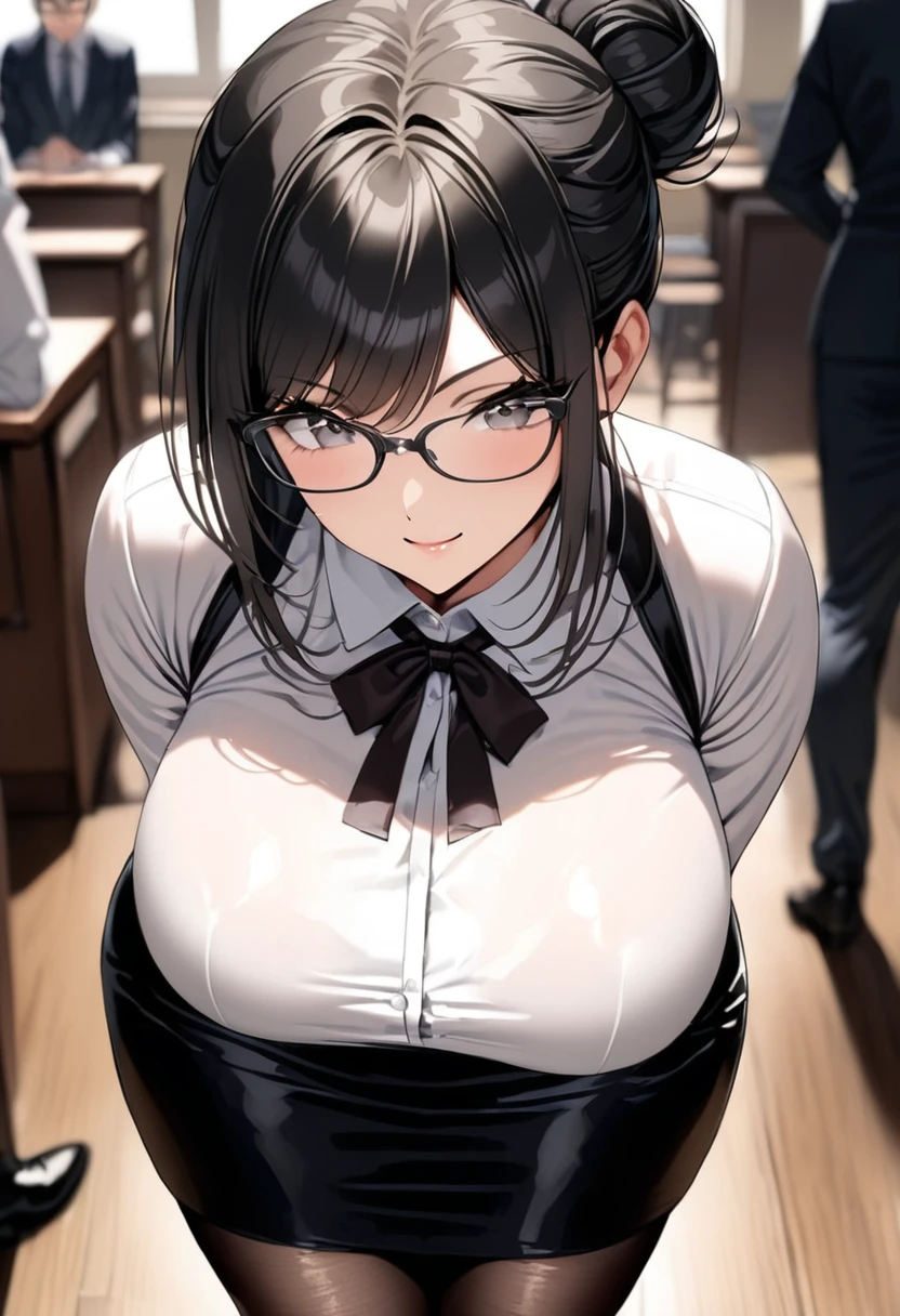 ((Best Quality)), ((masterpiece)), (detailed), (One girl), Sexy, height１６８Busty housewife with black hair and a bust of 100cm, Mature Woman, (((Black hair bun))), Mature Woman, Rocket Boobs,  Long, gentle droopy eyes, Glasses, White blouse with ruffled collar, White background, tight black pencil skirt, Serious female teacher, Scary smile, Black pumps, Black Pantyhose, classroom, Arms folded, looking down