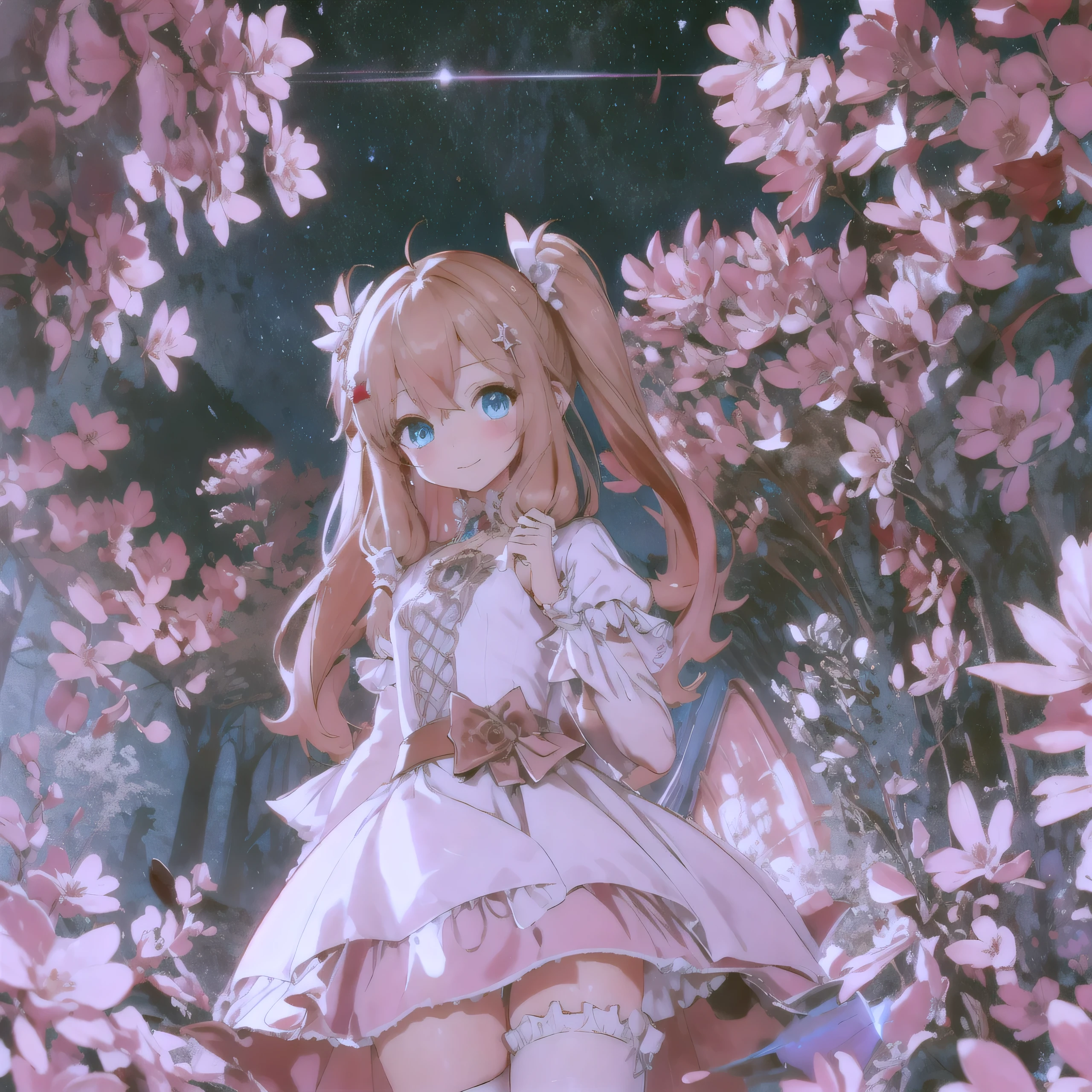 beautiful illustration, best quality, cute petit girl, (transform sequence), transform magical girl, chibi, magical girl, fractal art, albino, babyface, long brown and red twintails, beautiful detailed blue eyes, cinematic lighting, cowboy shot, looking at viewer, from bottom, happy