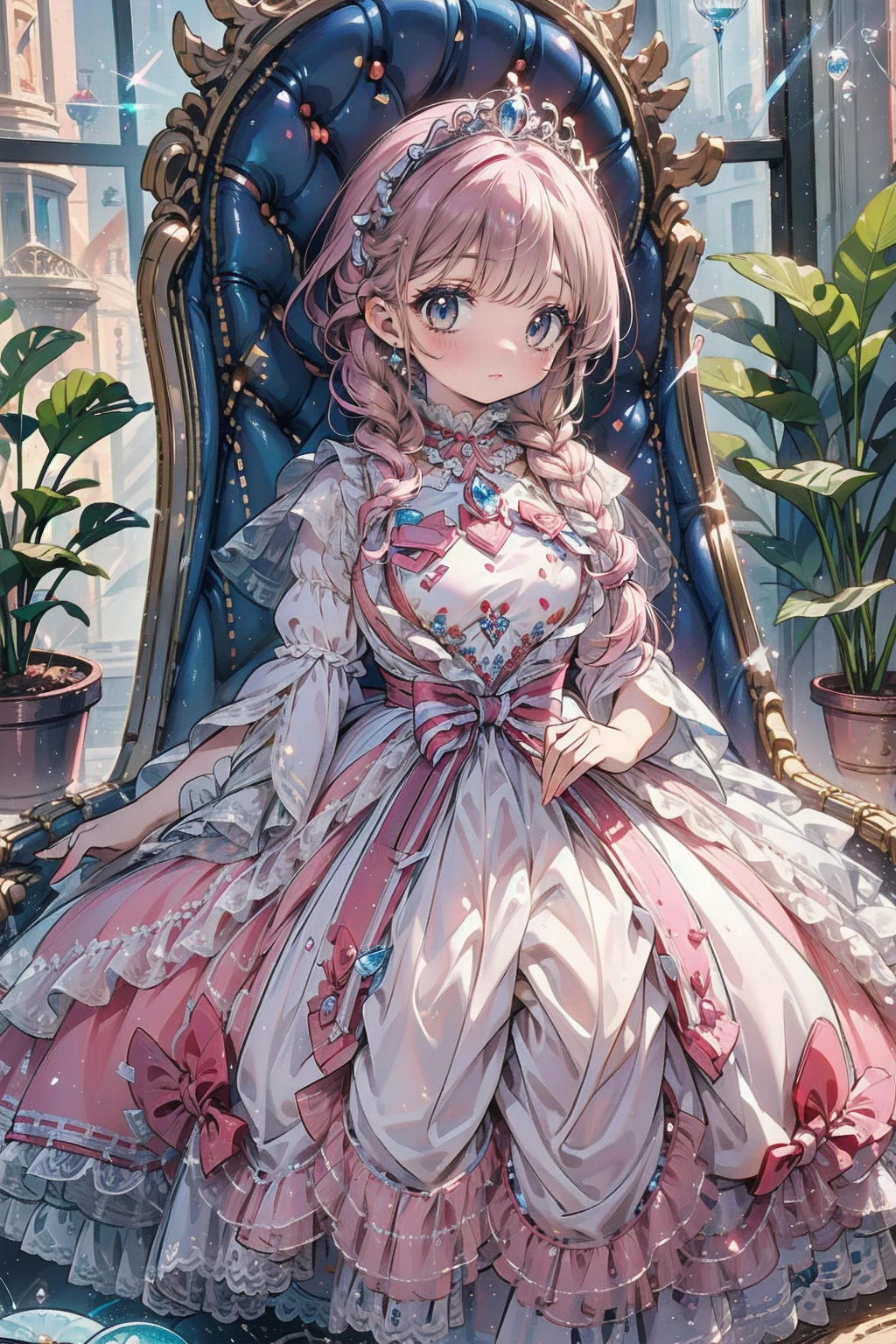 ((Best Quality)), ((masterpiece)), ((Romance Fantasy)), ((illustration)), (detailed), (Clear), (perfection), 1 female, Mature, Pure, Expressionless, Long pink braids, With bangs, White skin, Sapphire blue eyes, Rich eyelashes, Deep double eyelids, Pretty lips, Large Breasts, Narrow waist, Diamond Necklaces, Diamond Tiara, White dress with lace, Sitting in a fancy chair, Sunlight streaming through the window
