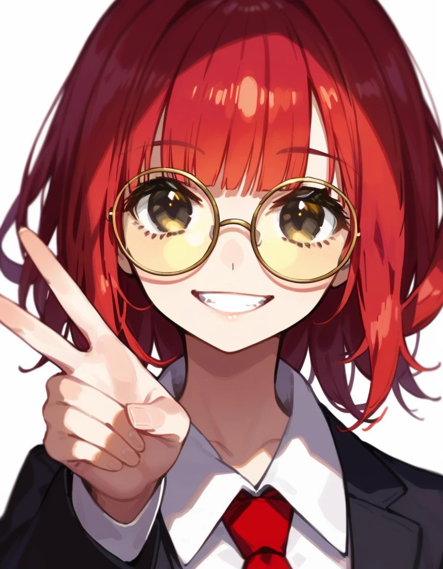 score_9, score_8_up, score_7_up, masterpiece, ultra-detailed, pretty eyes, 1man, solo, flat chest, red hair, Medium hair,hime cut,, half closed eyes, Black Eyes, Black dress shirt, making a peace sign, Grin, Black Round EYEWEAR, Yellow tinted eyewear, White background, Simple background,
