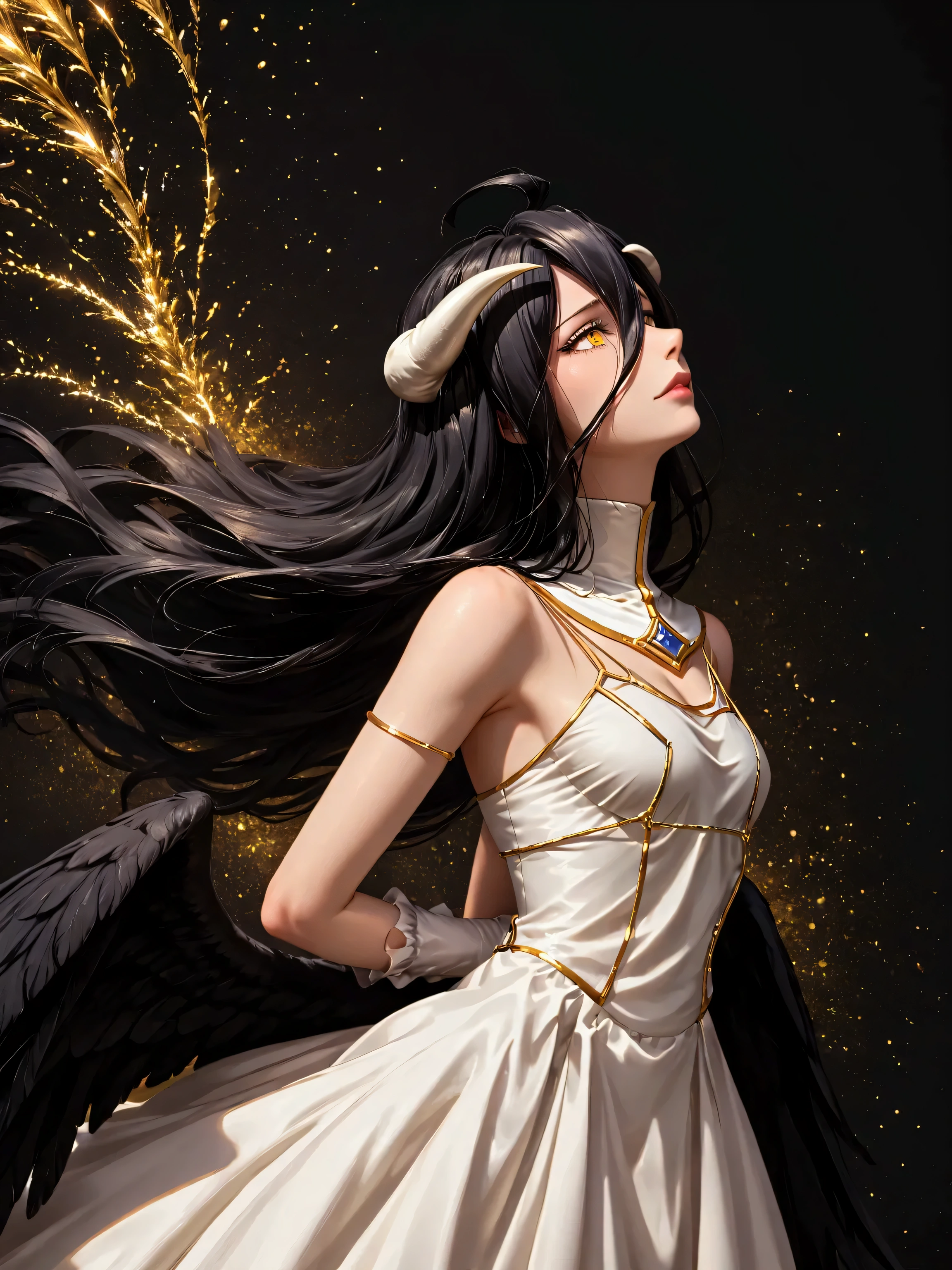 High resolution, Sharp focus, pixiv masterpiece, ((Intricate details)), Very detailed, One girl, Black Wings, Gold and white dress, White corner, Albedo_monarch, Black Hair, (Low Wing,:1.1), Upper body black background, Gold Dust, Gold Sparks, Gold particles, ((Place your arms behind your back)), 