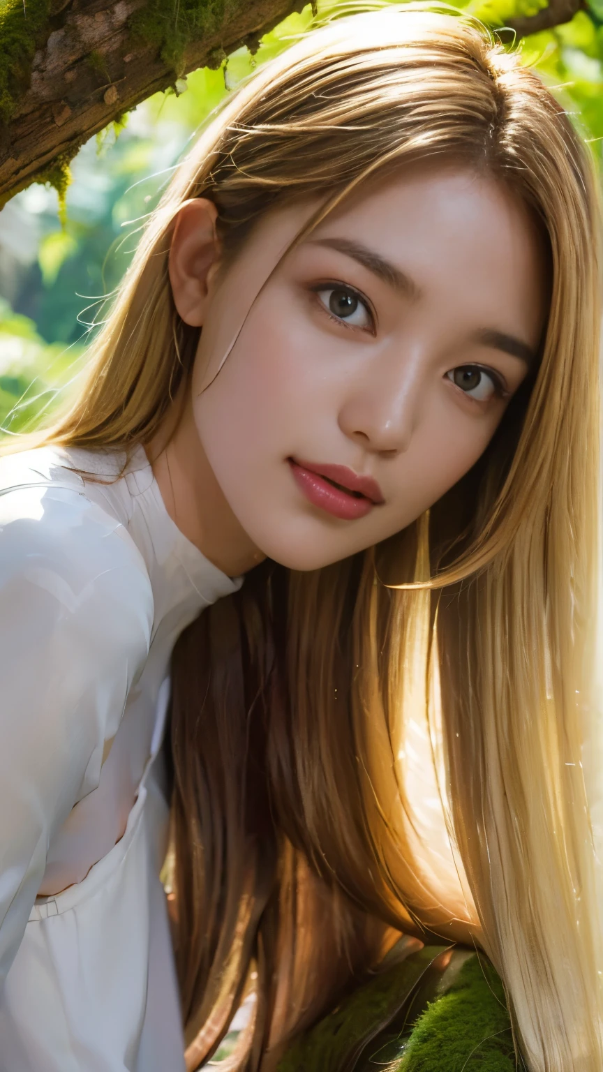 Strong light, Strong contrast, In an open-roofed cave、Sunlight shines through green moss and ferns。,  And open( Sea view:1.1) The bottom, Cel-shaded rendering, 4K,  360 degrees, Equirectangular projection, what, 1girl, Woman in her 30s､A beautiful woman､long blonde hair､White latex leotard､White long boots､white arm cover､masterpiece, 最high quality, high quality, High resolution, (((Face close-up)))