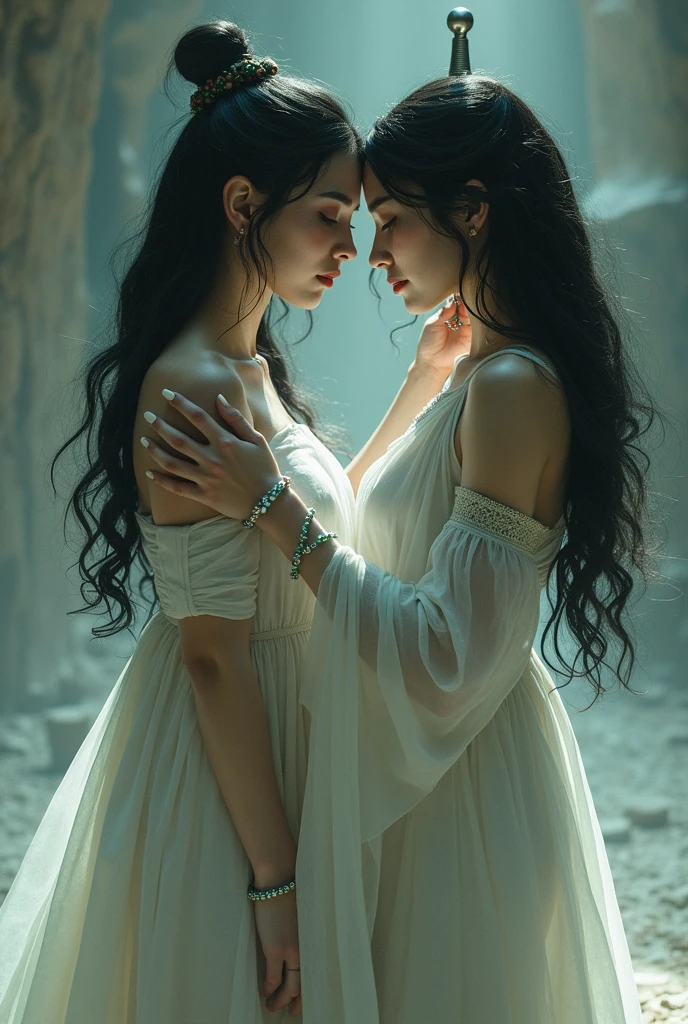 Create a drawing of a black-haired woman wearing a white dress typical of Rome, the right side of your forehead is stained dark red, she holds a silver jade-handled sword, Behind her is an ethereal-looking woman who wears a jade bracelet on both hands and both feet, she touches the black haired woman's shoulder and the black haired woman touches her hand with unspoken intimacy