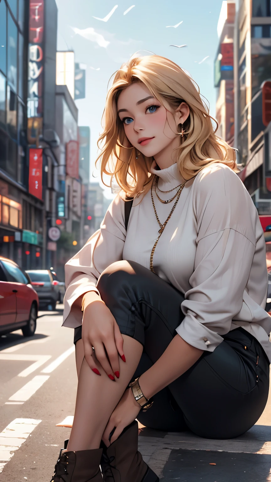 Woman, americana, Age 25, pale skin and freckles, gray eyes, delicate nose, soft and delicate lips, far away, blondie far away and wavy waist length hair, sweet smile, face with delicate feminine facial features, highly rendered, ((最high quality, 8K, masterpiece: 1.3, Ultra HD, high quality, 最high quality, High resolution, realism)) extremely beautiful white woman、Slender figure、Hair color blonde、blue eyeedium Hair、Straight Hair、smile、Background blur((depth of field))、Aerial perspective((atmospheric perspective))、I want my head to stay off screen、Put an anklet on your ankle、Wearing red nail polish、I have a peticure、No sleeve、Wear high-neck zipper-up tops、Wear low rise hot pants、Wear short boots、Walking through the hustle and bustle of the city、Skyscraper background、Sit on the curb and rest your chin on your hands