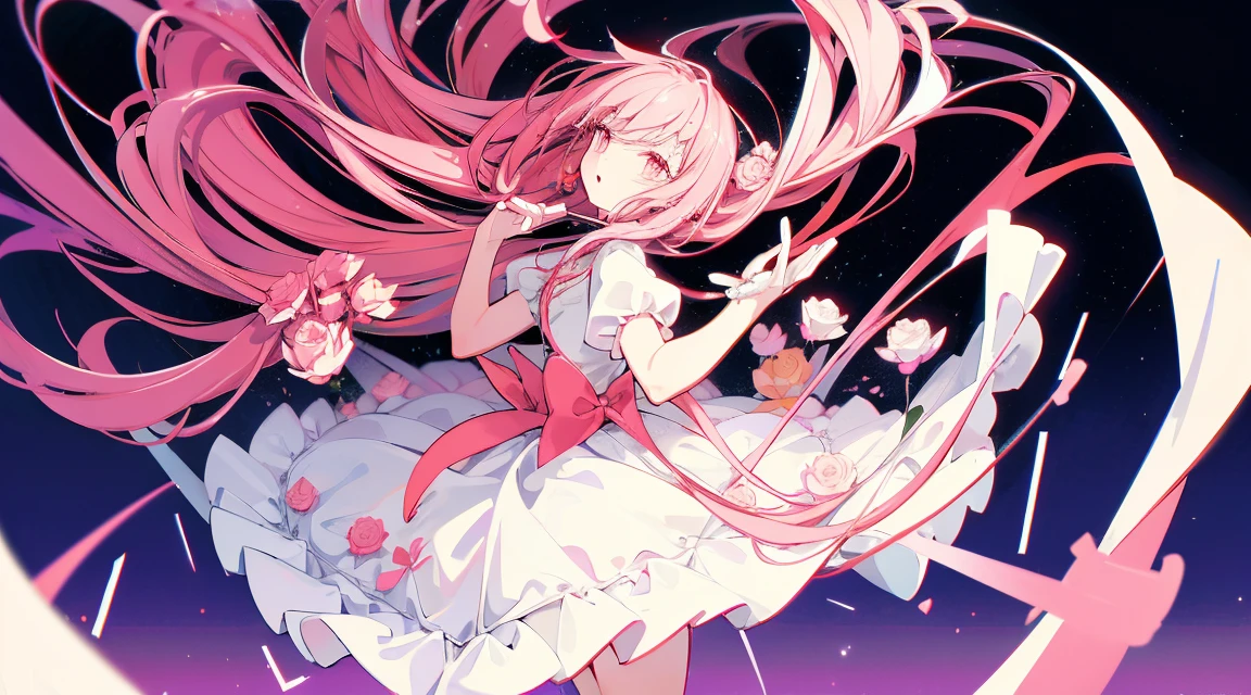 magical Madoka ultimate ver, White Dress, Long pink hair, flying, flying hair, Dark Background, Detailed Background, Madoka, Shooter, rose