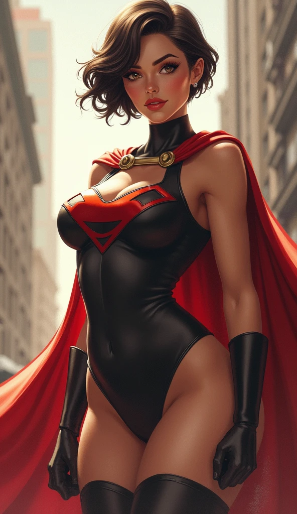 Female, age 25-30, japanese, dark hair, bob cut, muscle, full body, costume: blue metallic domino mask, blue choker, blue cape, sleeveless red spandex with white sides, up side down white triangle symbol, front belly cutout, blue undies, thighs out, white thigh-high socks, blue boots, red fingerless gloves, white shooter sleeves, metallic bands on wrists and boots, sun background