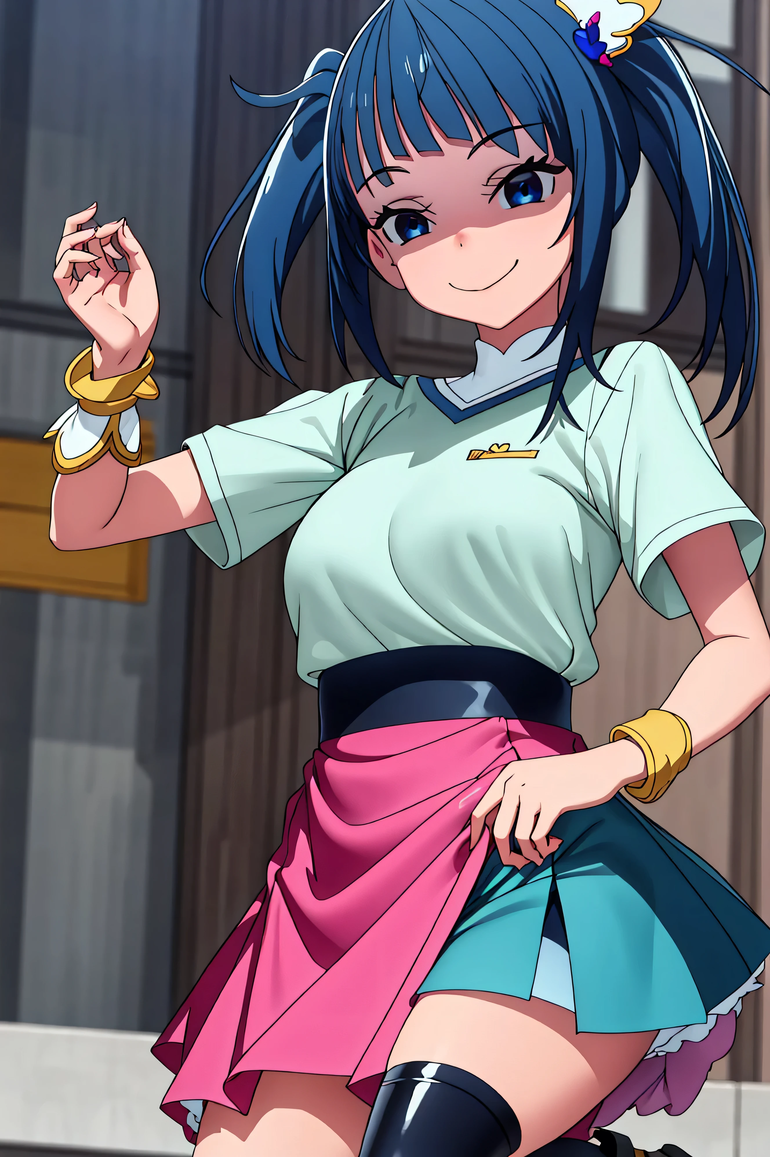 Cure happiness, Low Twintails, Feather hair ornament, skirt, tiara, Wrist cuff, Pink shorts, shorts under skirt, boots, corruption, Hollow Eyes, Half closed eyes, Wicked Smile, There are no students, Crazy Smile, Open your mouth, 1 Girl, Mature Woman, Married women, Dark Magical Girl、Large Breasts(Huge breasts:1.8),latex,