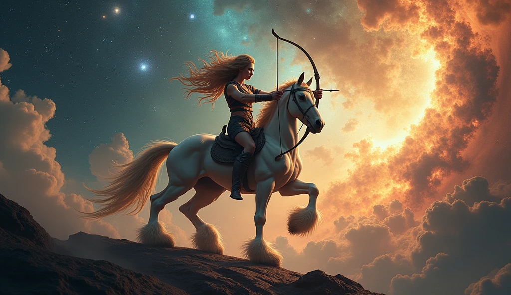 A dynamic starry scene with a centaur archer made of starlight, aiming an arrow at a distant constellation. The Sagittarius constellation arcs overhead, surrounded by shooting stars and cosmic dust.