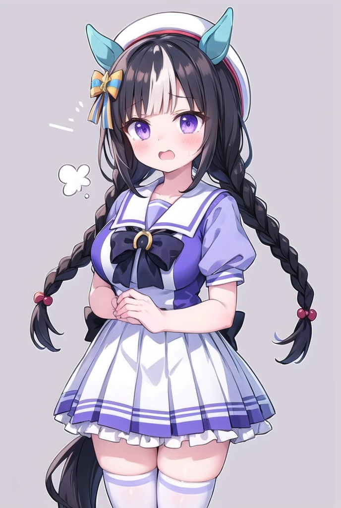 1girl, solo, masterpiece, best quality, perfect hands, blush, summer uniform, hokko tarumae \(umamusume\), embarrassing, surprised expression, open mouth, white hat, beret, serafuku, puffy short sleeves, purple bowtie, hair ornament, sailor collar, sailor shirt, purple shirt, white skirt, pleated skirt, white thighhighs, miniskirt, zettai ryouiki, twin braids, horse ear, horse tail, black hair, white, streaked hair, purple eyes, blunt bangs, huge breasts, bow, frills