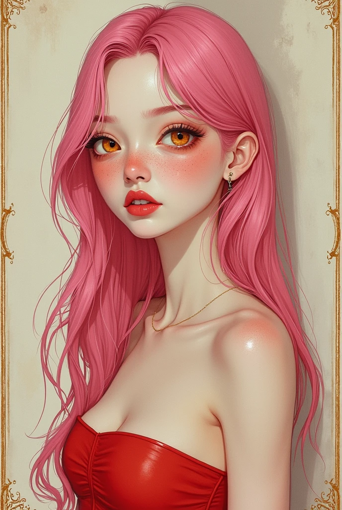 A stunningly realistic dark fantasy portrait of a tall, leggy red-haired woman with a chiseled abs, small waist, large emerald green eyes, and plump lips. She stands confidently, her body displayed in all its glory. The background is a mix of dark, brooding colors, with some ethereal elements, creating an atmospheric and mysterious setting. The overall tone of the image is a blend of beauty, power, and darkness., dark fantasy, portrait photography, painting