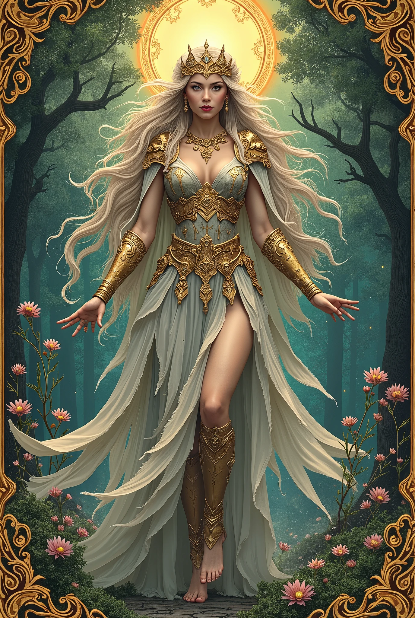 A tarot card of a gorgeous beautiful elf warrior queen, fractal magic, illustration in the style of Travis Charest, ink linework, poster, Elle Fanning model, cgsociety, fantasy art, detailed illustration, mystical, A botanical masterpiece, detailed, hyper-realistic, elemets of symbolism and surrealism, intricate design, intertwined, beautiful woman, flowers, pastel.