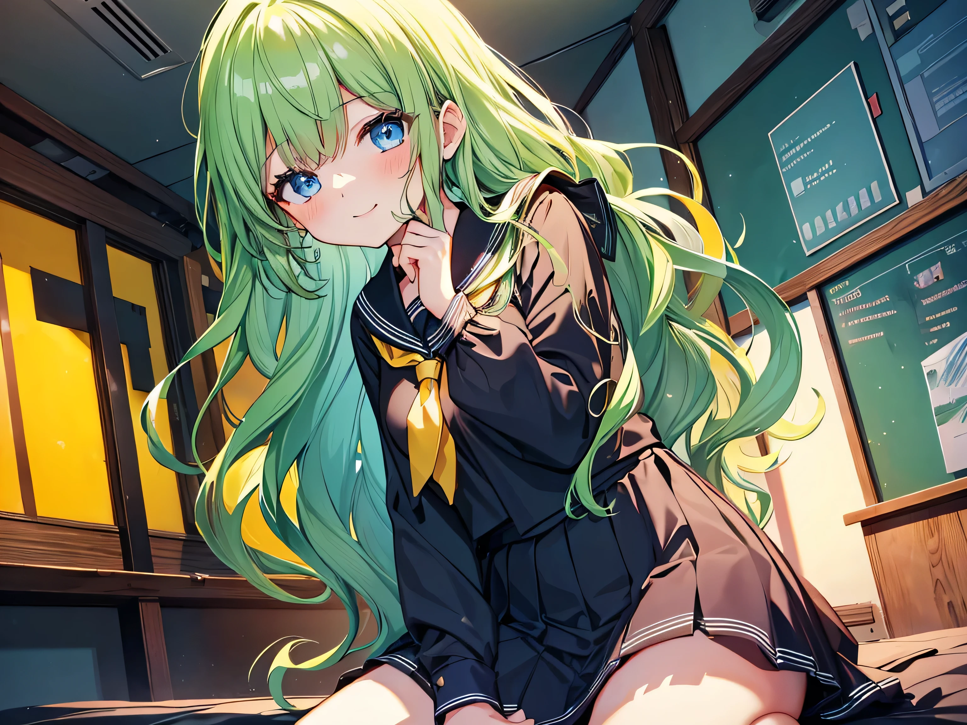 Woman studying, {{{Black Sailor Suit}}}, Black Sailor Suit, Long skirt, {{{{{Bright yellow-green long wavy hair}}}}}, Best Quality,Best image quality,Perfect Anatomy,masterpiece,Very detailedな,beautiful,super high quality, Best Quality,High resolution, Very detailed,Game CG,Dutch Angle ,beautiful details,Visual Arts,Five fingers, Perfect hands,Hide your hands, {{{One Girl}}}, Beautiful detailed girls, Game CG, masterpieceアニメ，Best Quality, Very detailedな顔， {{{One Girl}}}, Blue Eyes, Female Manager, {{{School classroom}}}, Yellow tie, Sleepy smile, Knee-high portrait, Three-dimensional background, Multiple clouds,