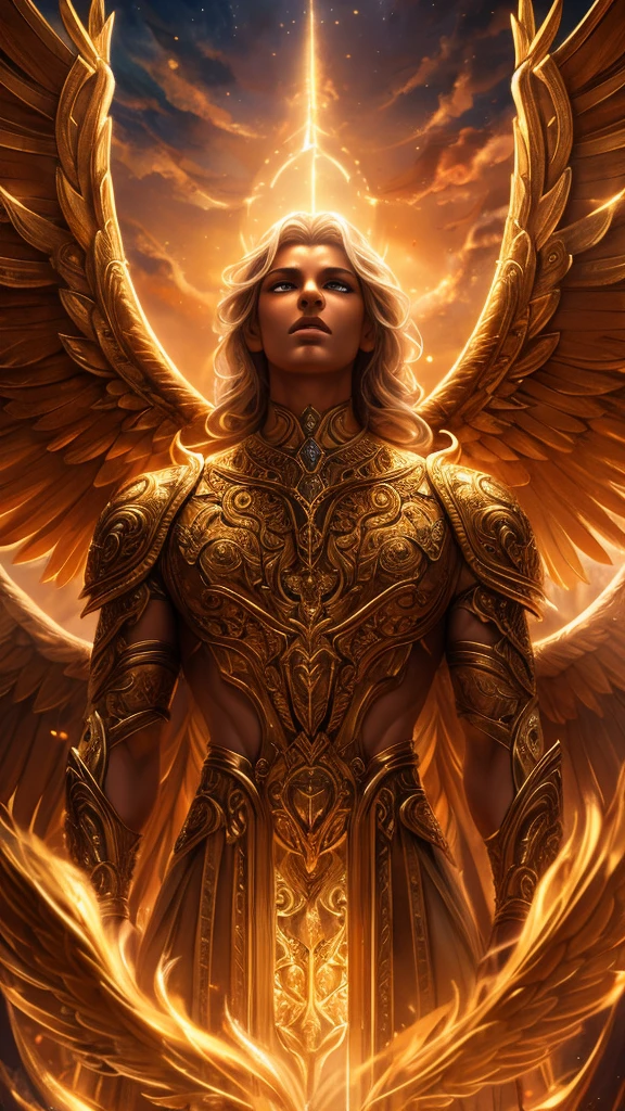 a man chosen by a god, divine transformation, angelic figure, beautiful detailed eyes, beautiful detailed lips, extremely detailed face, long eyelashes, celestial light, glowing aura, golden wings, floating in the sky, dramatic lighting, cinematic composition, warm color palette, mystical atmosphere, photorealistic, 8k, high quality, intricate details, digital painting, concept art