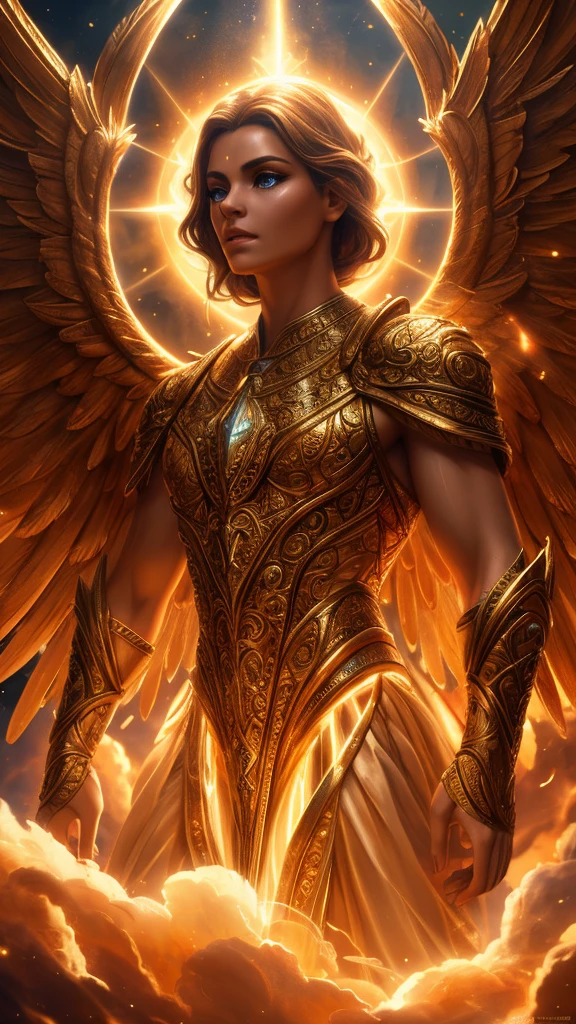 a man chosen by a god, divine transformation, angelic figure, beautiful detailed eyes, beautiful detailed lips, extremely detailed face, long eyelashes, celestial light, glowing aura, golden wings, floating in the sky, dramatic lighting, cinematic composition, warm color palette, mystical atmosphere, photorealistic, 8k, high quality, intricate details, digital painting, concept art