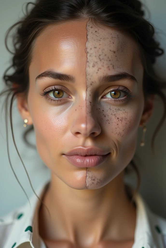 Create an uncluttered portrait of a supermodel with remarkably symmetrical features, flawless skin and intense blue eyes. Her face is round, with high cheekbones, freckles, a well-defined jawline and full lips with a natural, matte finish. Her straight, smooth chestnut hair is styled back, revealing her elegant neck. Her expression is pleasantly confident, with a hint of allure, against a minimalist backdrop that underscores her high-fashion appeal. 8K hight definitly