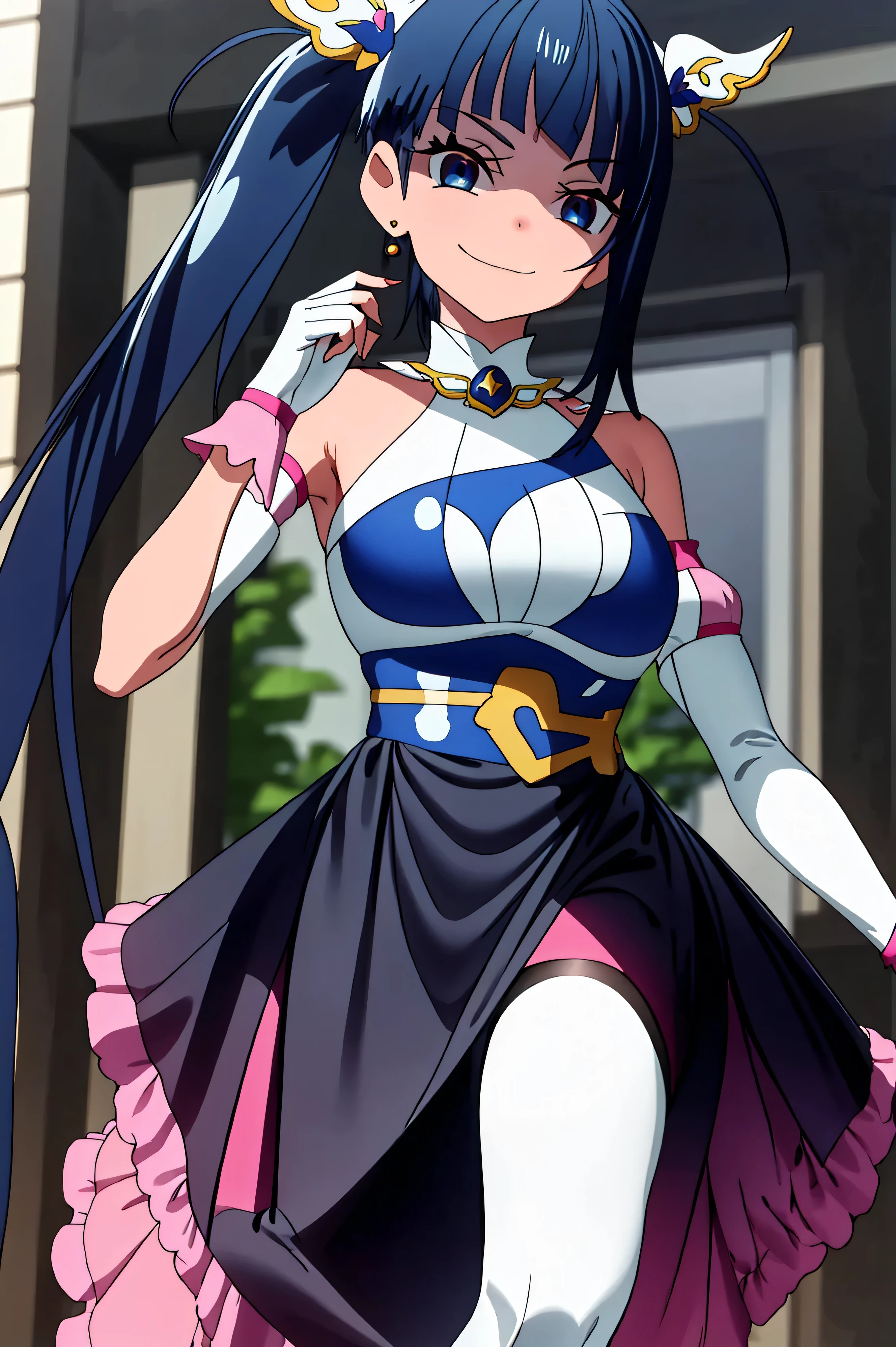 Cure happiness, Low Twintails, Feather hair ornament, skirt, tiara, Wrist cuff, Pink shorts, shorts under skirt, boots, corruption, Hollow Eyes, Half closed eyes, Wicked Smile, There are no students, Crazy Smile, Open your mouth, 1 Girl, Mature Woman, Married women, Dark Magical Girl、Large Breasts(Huge breasts:1.8),latex,