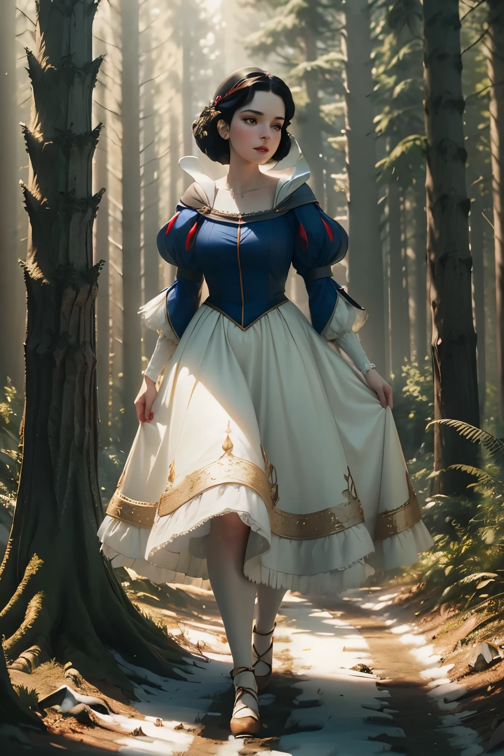 full body, realistic, best quality, snow white, beautiful girl face, perfect face, classic dress, white with yellow and light blue details, walking in the black forest, cinematic, 8k, ultra realistic, dark tones,