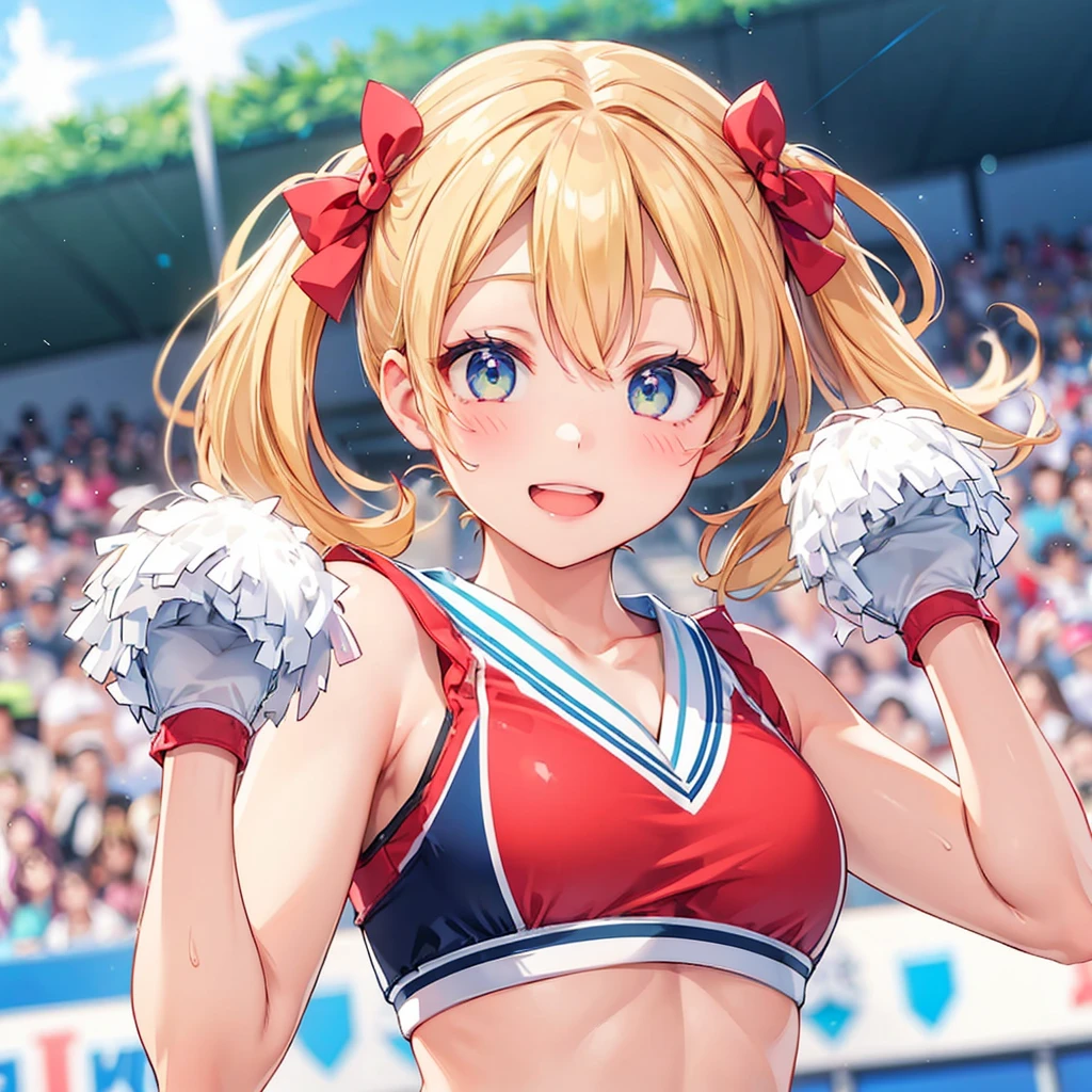 ((Cheerleader、Highest quality、Masterpiece、High resolution))、(((Zoom photo from above、semen、Bukkake、Wet body、Wet Hair)))、(smile、blush)、Big Breasts、Cleavage、Inside the gym、Blonde
