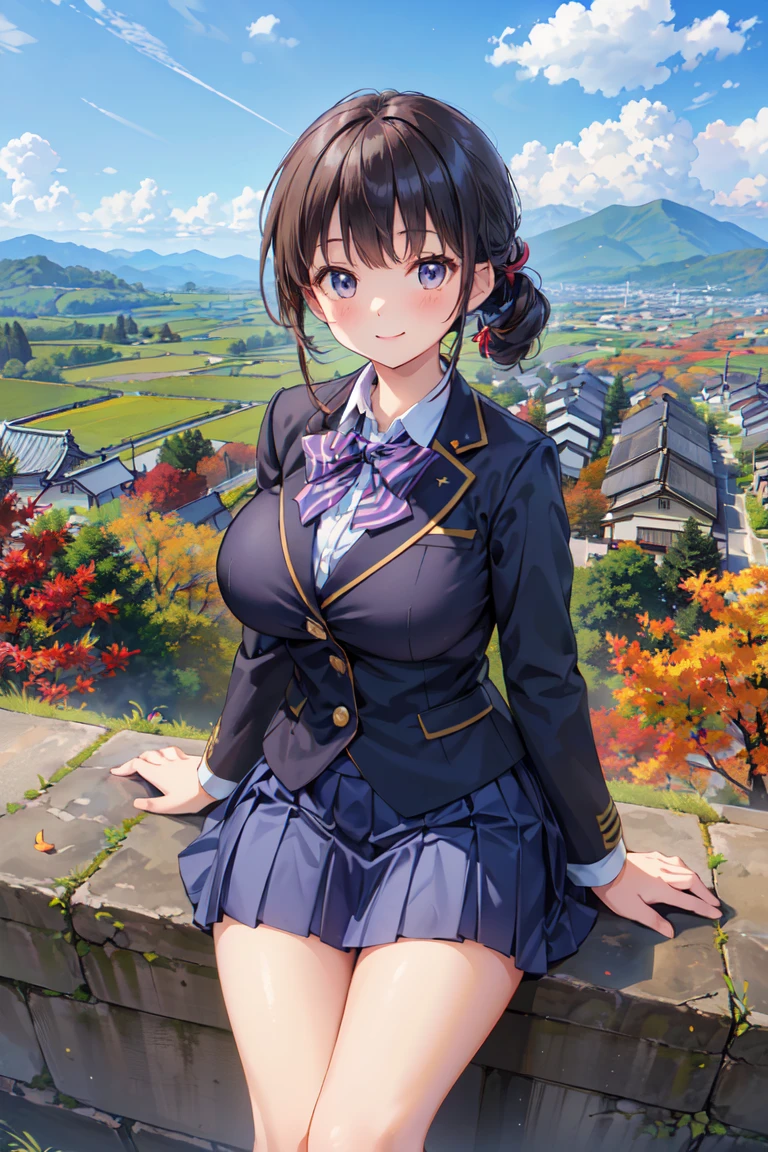 (((Masterpiece, 16k, Highest quality, Ultra-high resolution, Depth of subject))), ((Very detailed, Japanese countryside scenery, Autumn scene)), (((High school girl in blazer uniform, friend, 3 people, skirt, Big Breasts))), While chatting, Very cute smile, On the way home, 3pm, Peaceful scenery, Warm sunshine, Very accurate perspective, Wide View