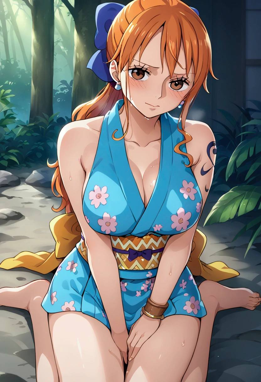 aanami, long hair, orange hair, low ponytail, hair bow, earrings, brown eyes, shoulder tattoo, breasts, collarbone, bare shoulders, japanese clothes, short kimono, blue kimono, floral print, sleeveless, bracelet, sash, obi, blushing, Shy, seductive pose wet with sweat, sit, seductive face, full body, Direct view, looking at viewer, forest, takeda hiromitsu style