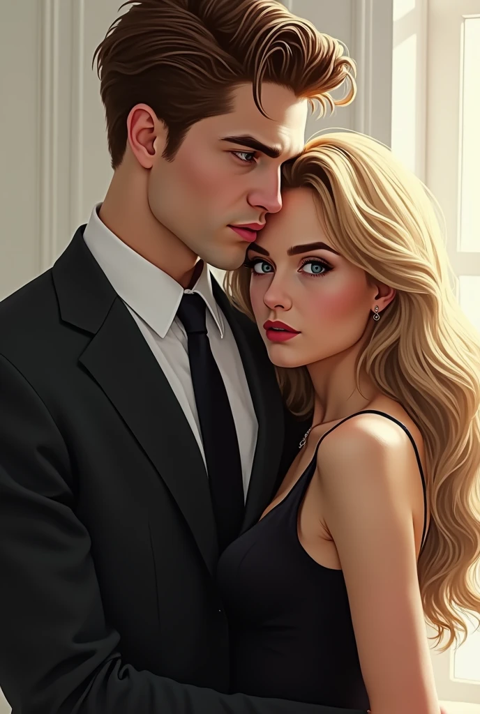 Generate the image of a couple.
The beautiful Ana de Armas, gold eyes, short wavy blonde hair.
And the beautiful Chris Evans.
Both in a hotel suite, the scene denotes sensuality and passion.