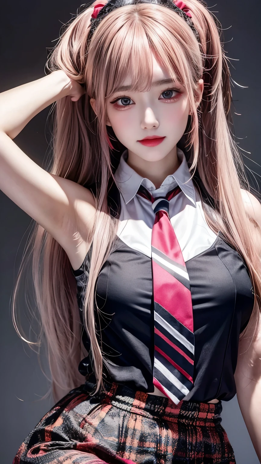 photorealistic, high resolution, 1 girl, hips up, beautiful eyes,power \(csm\), pink hair, symbol-shaped pupils, cross-shaped pupils, blue jacket, collared shirt, black necktie, black pants