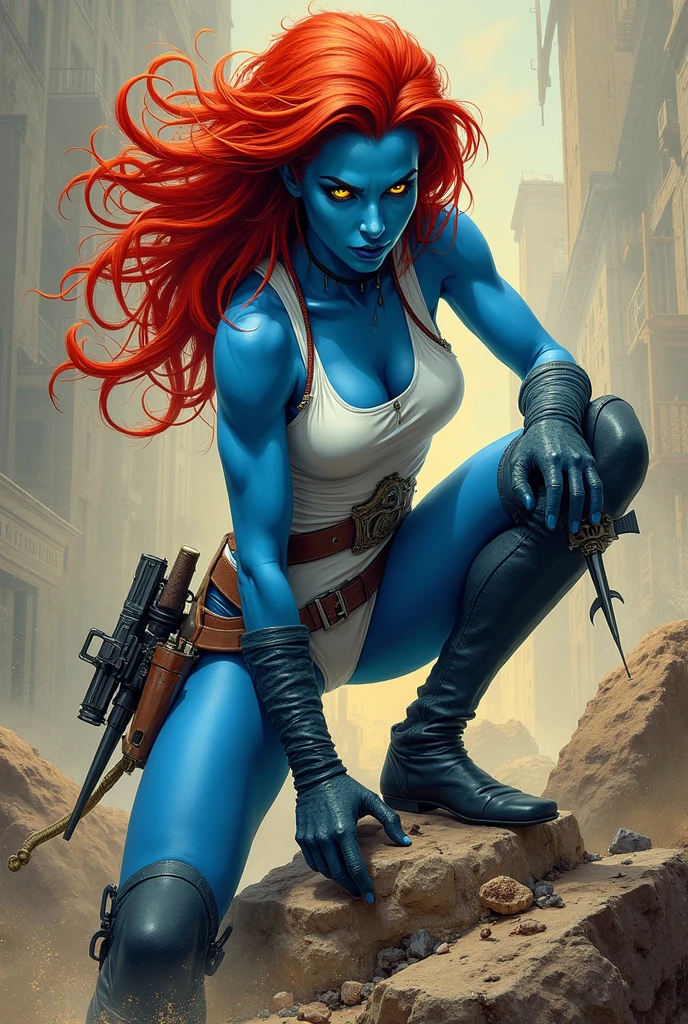 An illustrated movie poster, hand-drawn, full color, a young drow woman, drow elf, wearing a barbarian bikini, blue skin, blue complexion, pointy elf ears, ruby eyes, dark hair, shaggy bangs, posing like a model, hard shadows, graphite shading, stencil marks, airbrushed acrylic paint, masterpiece, in the style of Rockstar Games 