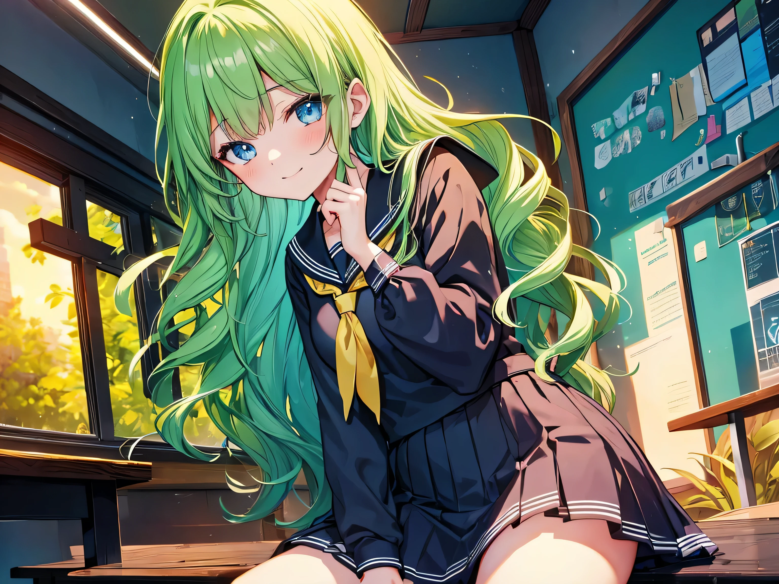 Woman studying, {{{Black Sailor Suit}}}, Black Sailor Suit, Long skirt, {{{{{Bright yellow-green long wavy hair}}}}}, Best Quality,Best image quality,Perfect Anatomy,masterpiece,Very detailedな,beautiful,super high quality, Best Quality,High resolution, Very detailed,Game CG,Dutch Angle ,beautiful details,Visual Arts,Five fingers, Perfect hands,Hide your hands, {{{One Girl}}}, Beautiful detailed girls, Game CG, masterpieceアニメ，Best Quality, Very detailedな顔， {{{One Girl}}}, Blue Eyes, Female Manager, {{{School classroom}}}, Yellow tie, Sleepy smile, Knee-high portrait, Three-dimensional background, Multiple clouds,