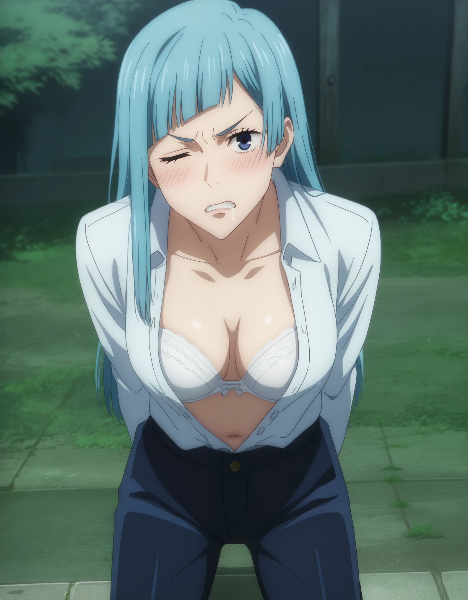 score_9, score_8_up, score_7_up, sauce_anime, ambient light,
jujutsu_kaisen_style, kasumi miwa,, ,1girl ,tall girl,, blue hair, long hair, blue eyes, wince, frown, close up face:0.2,
nsfw, (show off panties),, undress open dress shirt, hands behind backs, undress pants, in lace white panties, love juice,
outdoors,, realistic outdoor, (kneeling), , steam, 
cowboy shot,, looking at below, solo, dutch angle, blush,, lace white bra , clenched teeth, saliva, drooling moanin, medium breast,