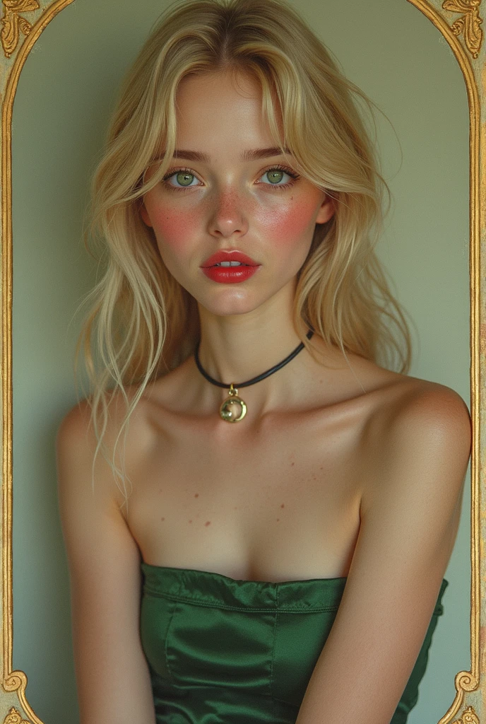 1 legitimate albino Irish woman with freckles, extremely beautiful, Extremely slender, large bright blue eyes and detailed, wearing green sweater falling showing shoulders, symmetrical body, sensualizing, pouting with orgasmic expression, highly arousing, high quality 32k, UHD, hyper -realistic, cinematic, dynamic close-up above.